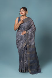 Ash Blue Tussar Silk Saree with Batik Print