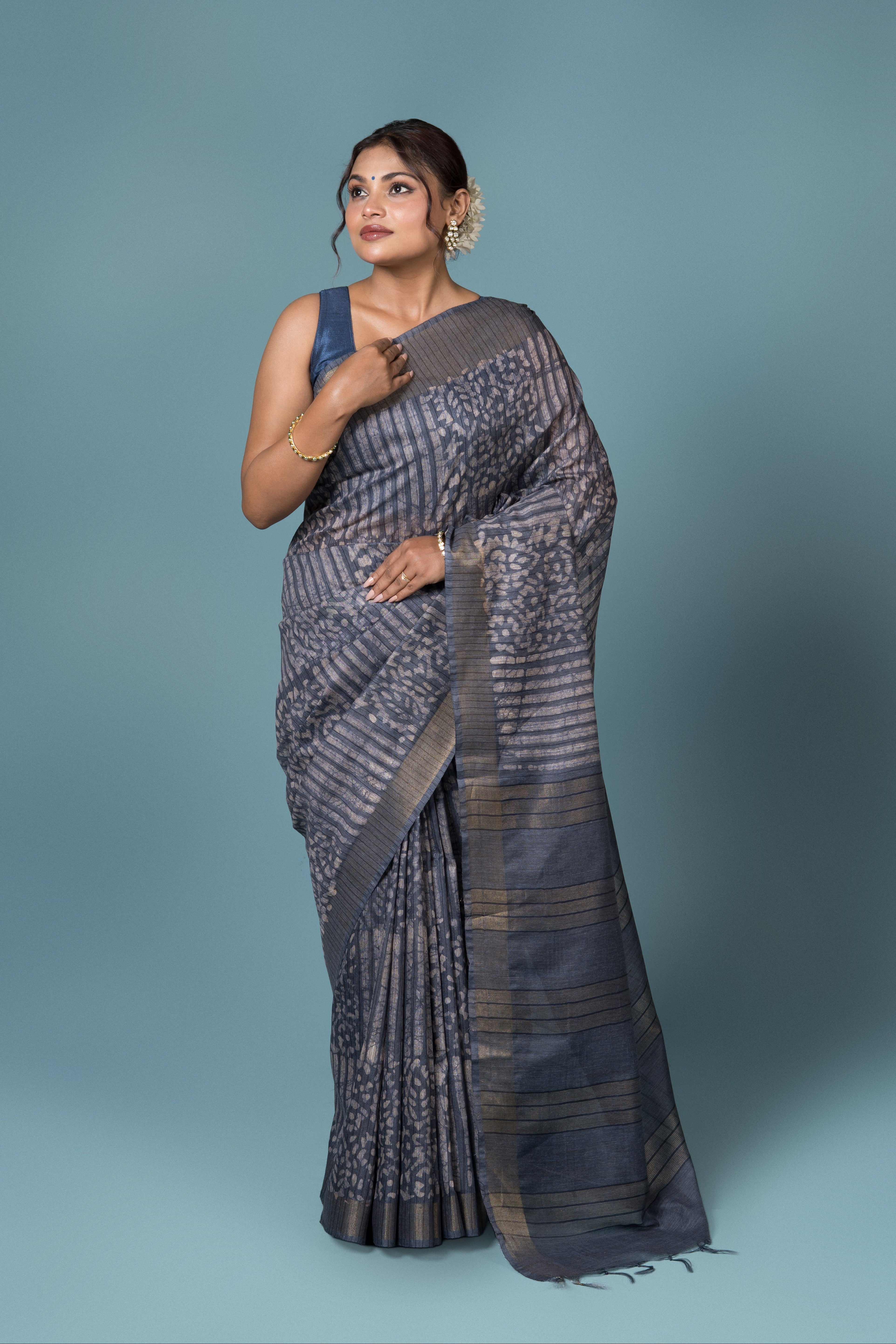 Ash Blue Tussar Silk Saree with Batik Print