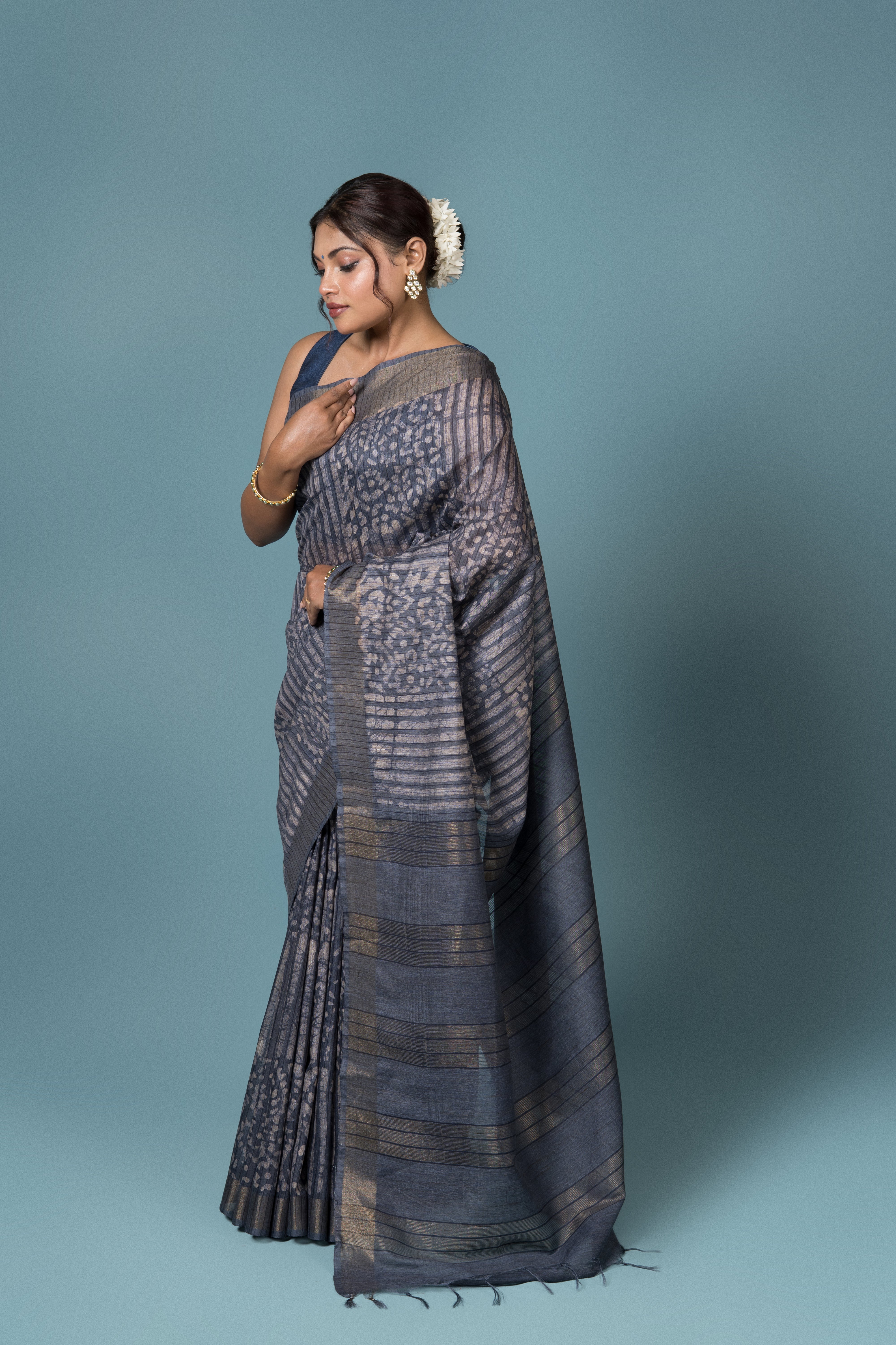 Ash Blue Tussar Silk Saree with Batik Print