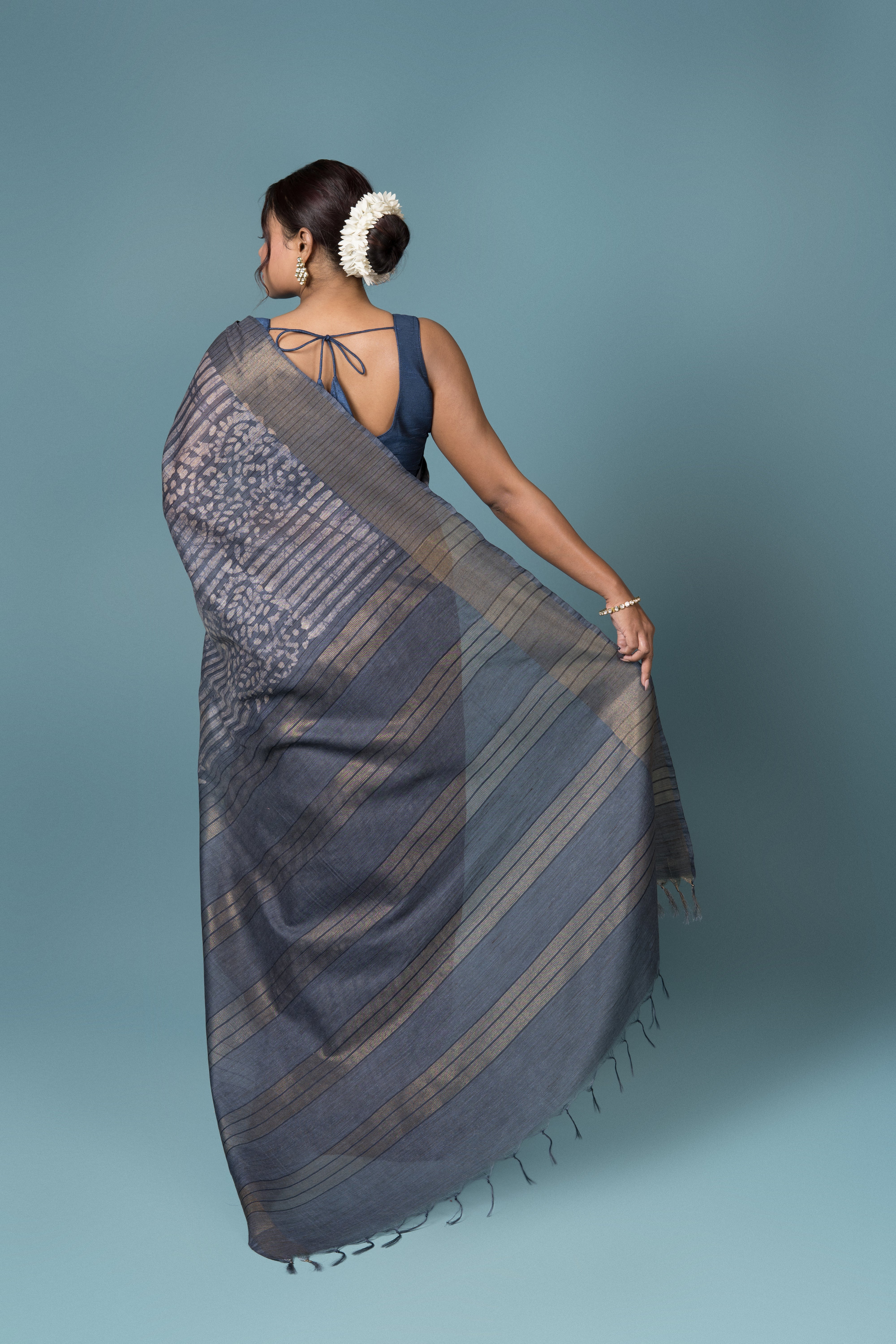 Ash Blue Tussar Silk Saree with Batik Print