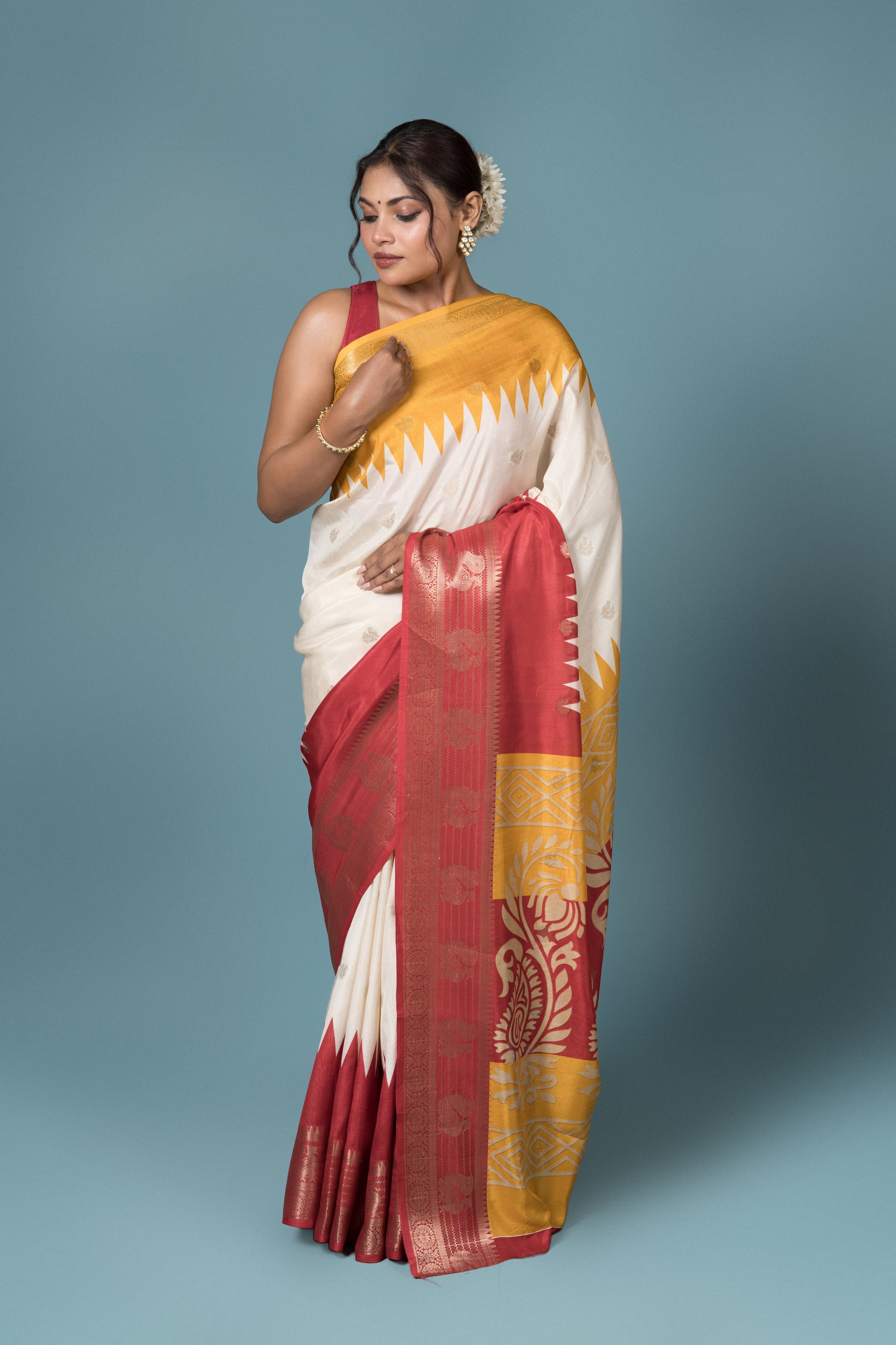 Cream Tussar Silk Saree