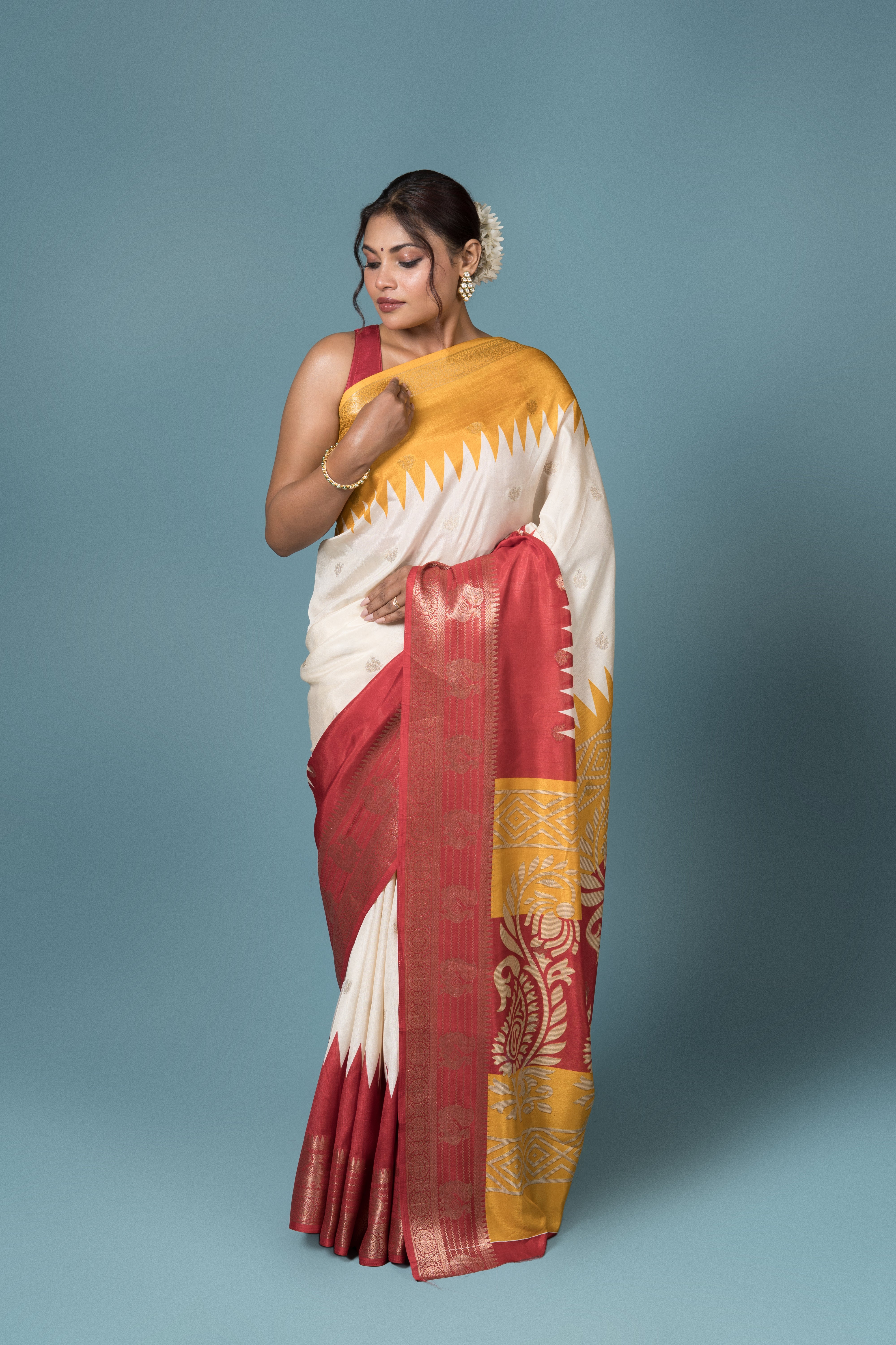 Cream Tussar Silk Saree