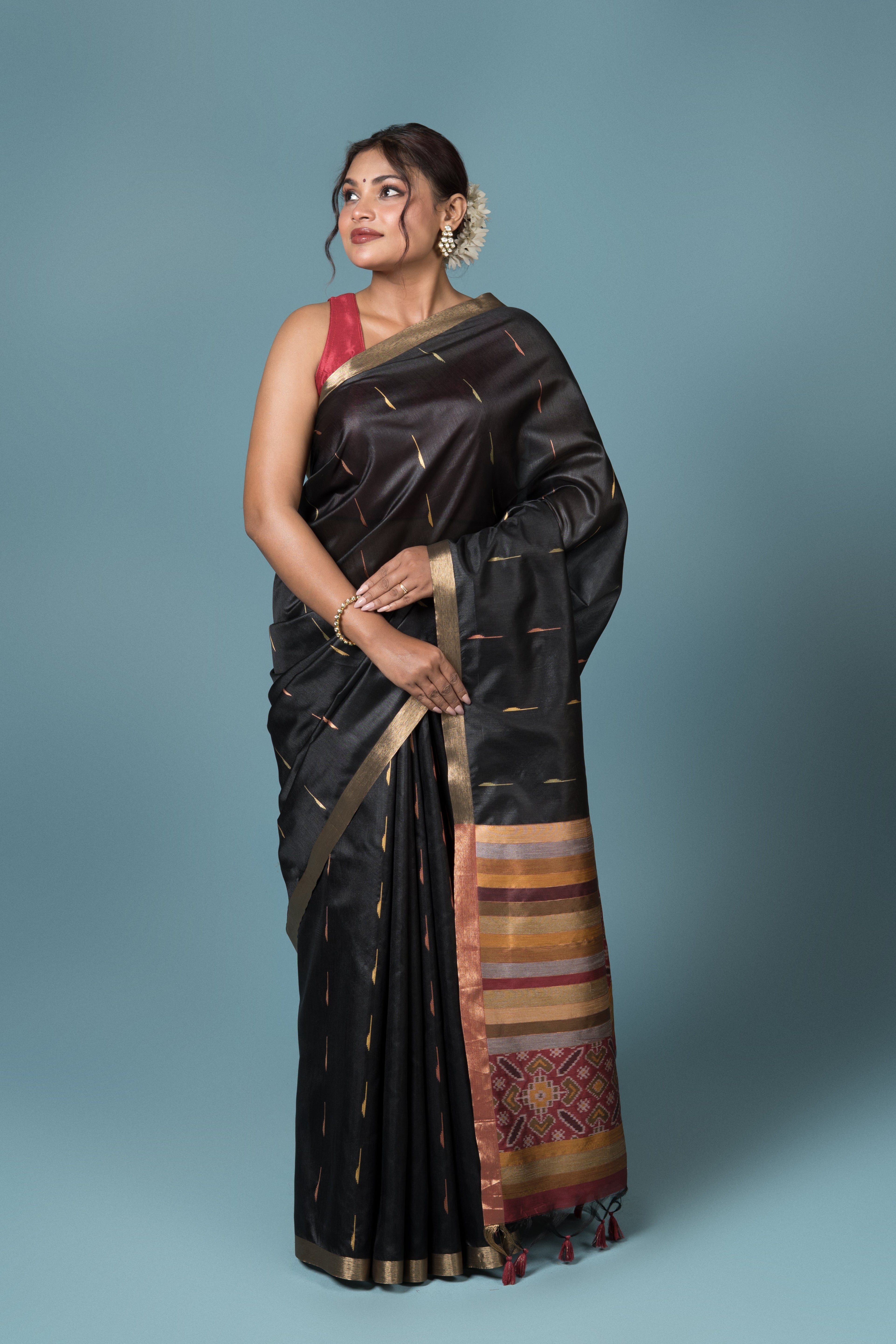 Black Tussar Silk Saree with Patola Print