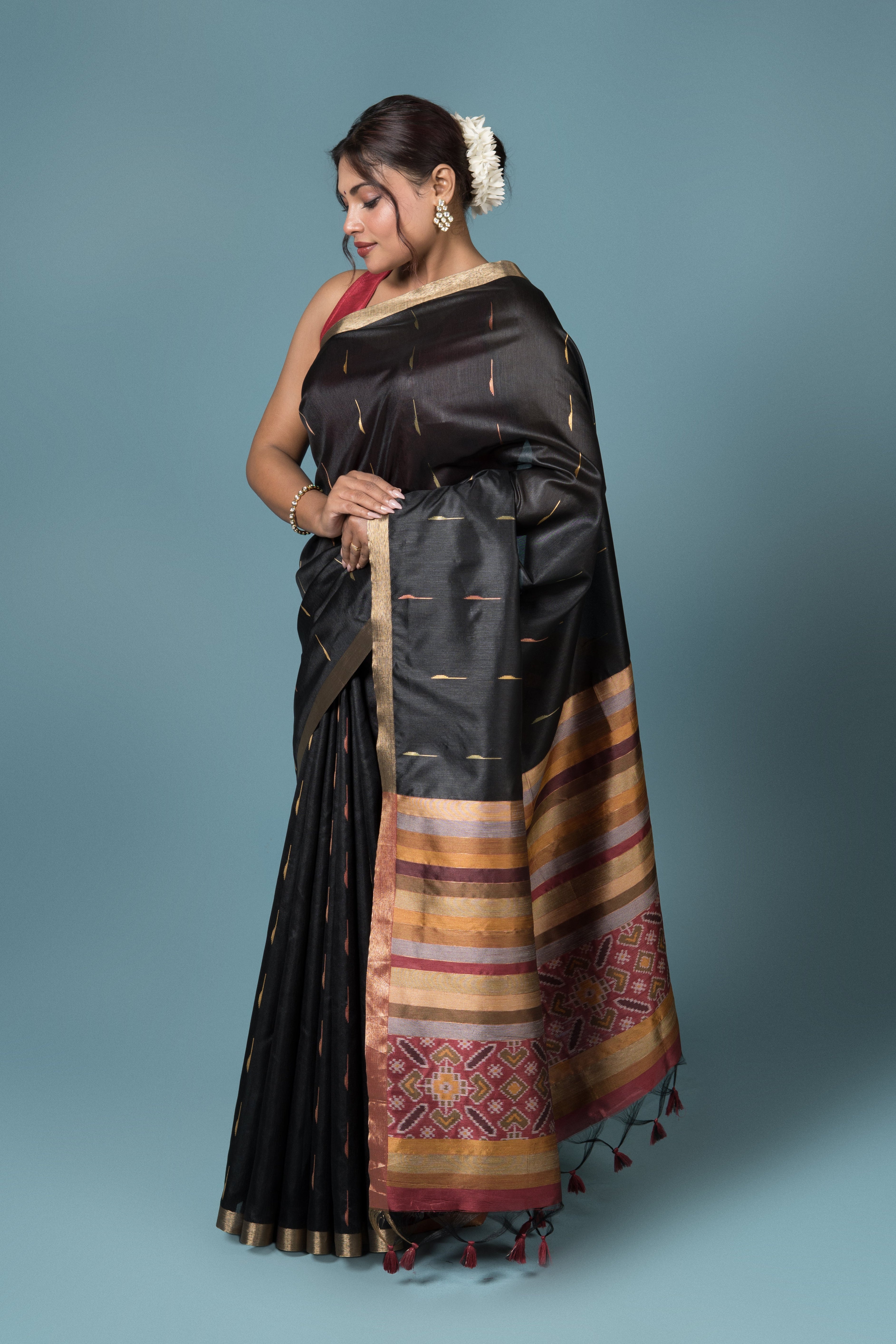 Black Tussar Silk Saree with Patola Print