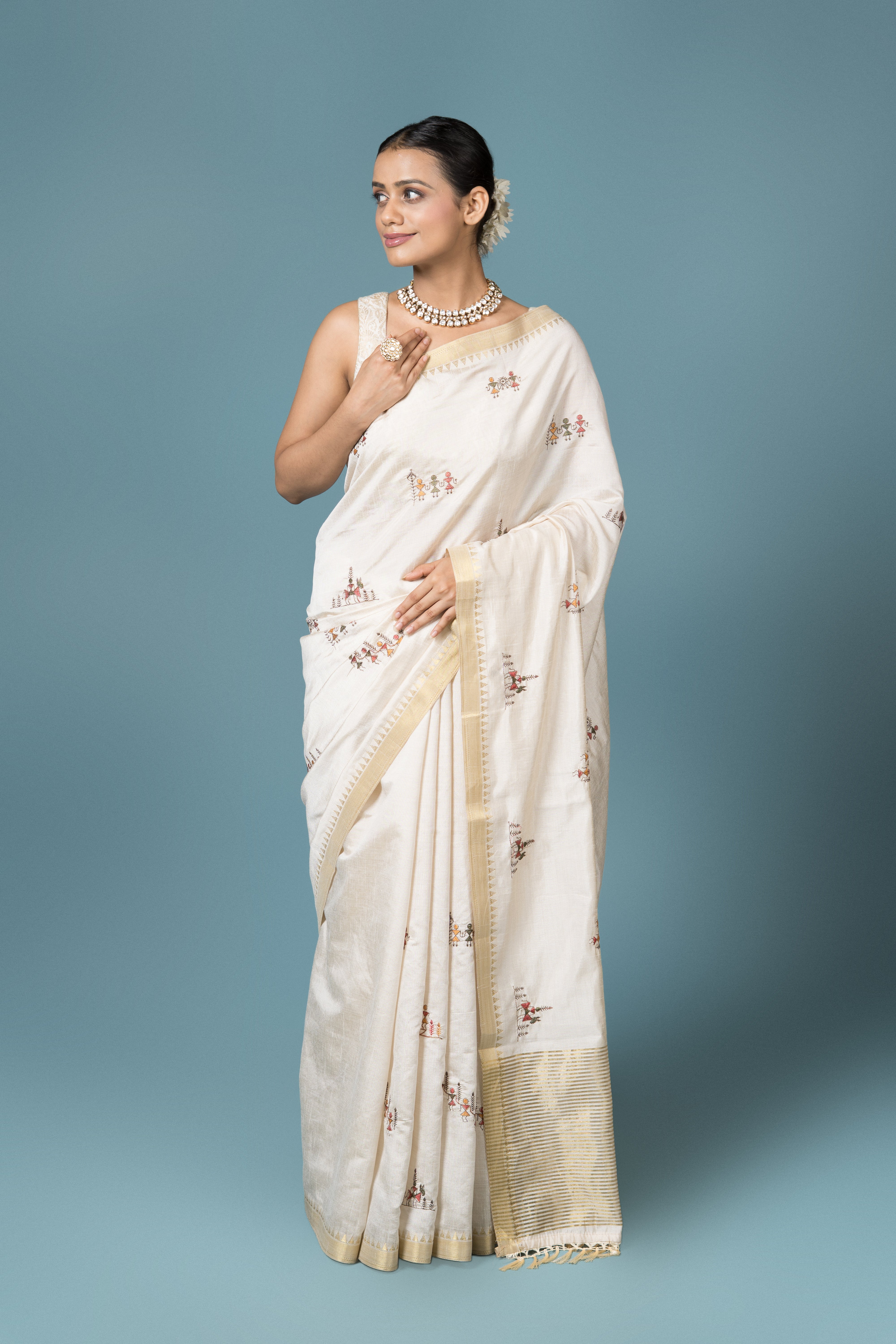Cream Tussar Silk Saree with Warli Work