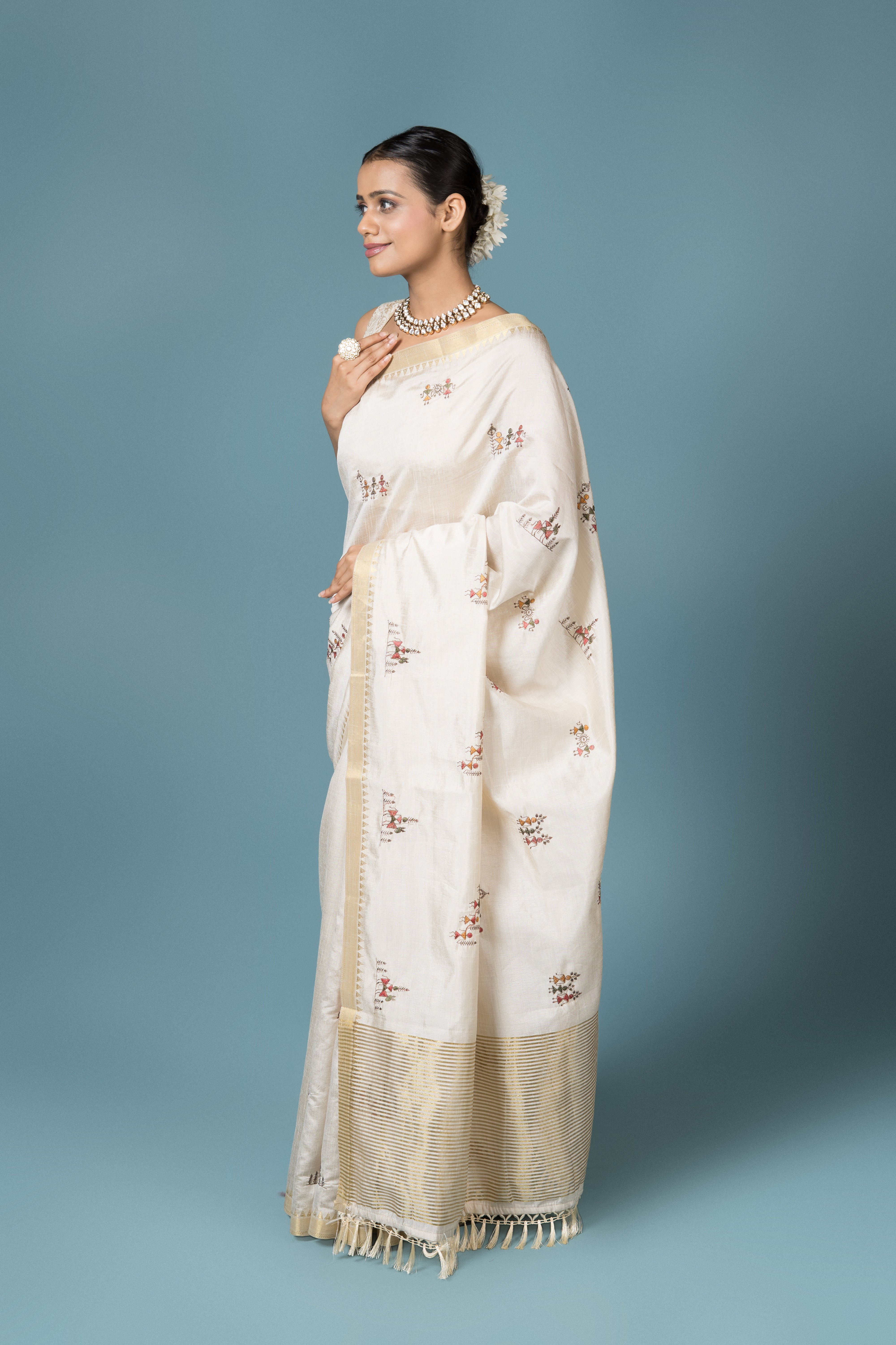 Cream Tussar Silk Saree with Warli Work
