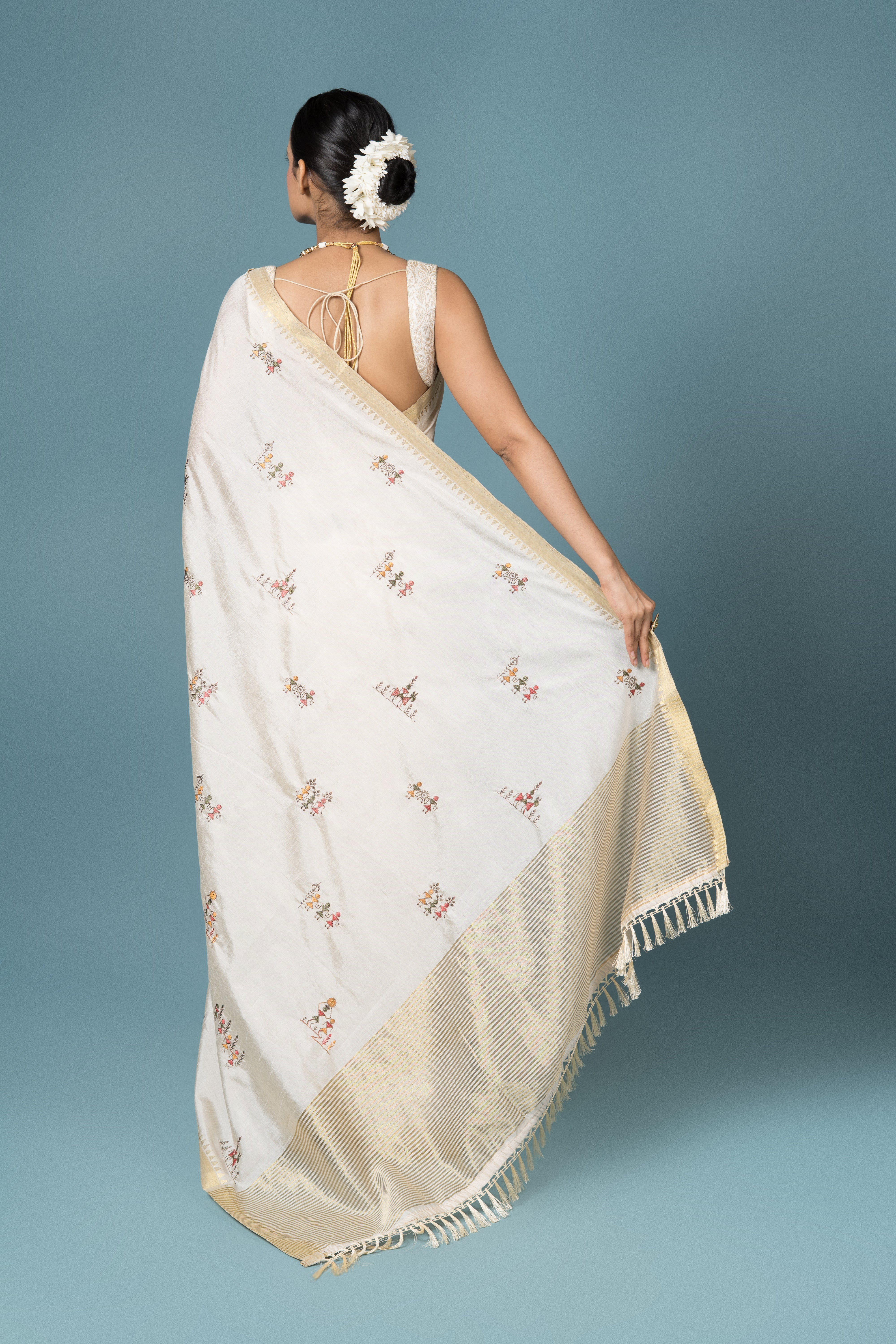 Cream Tussar Silk Saree With Waril Work