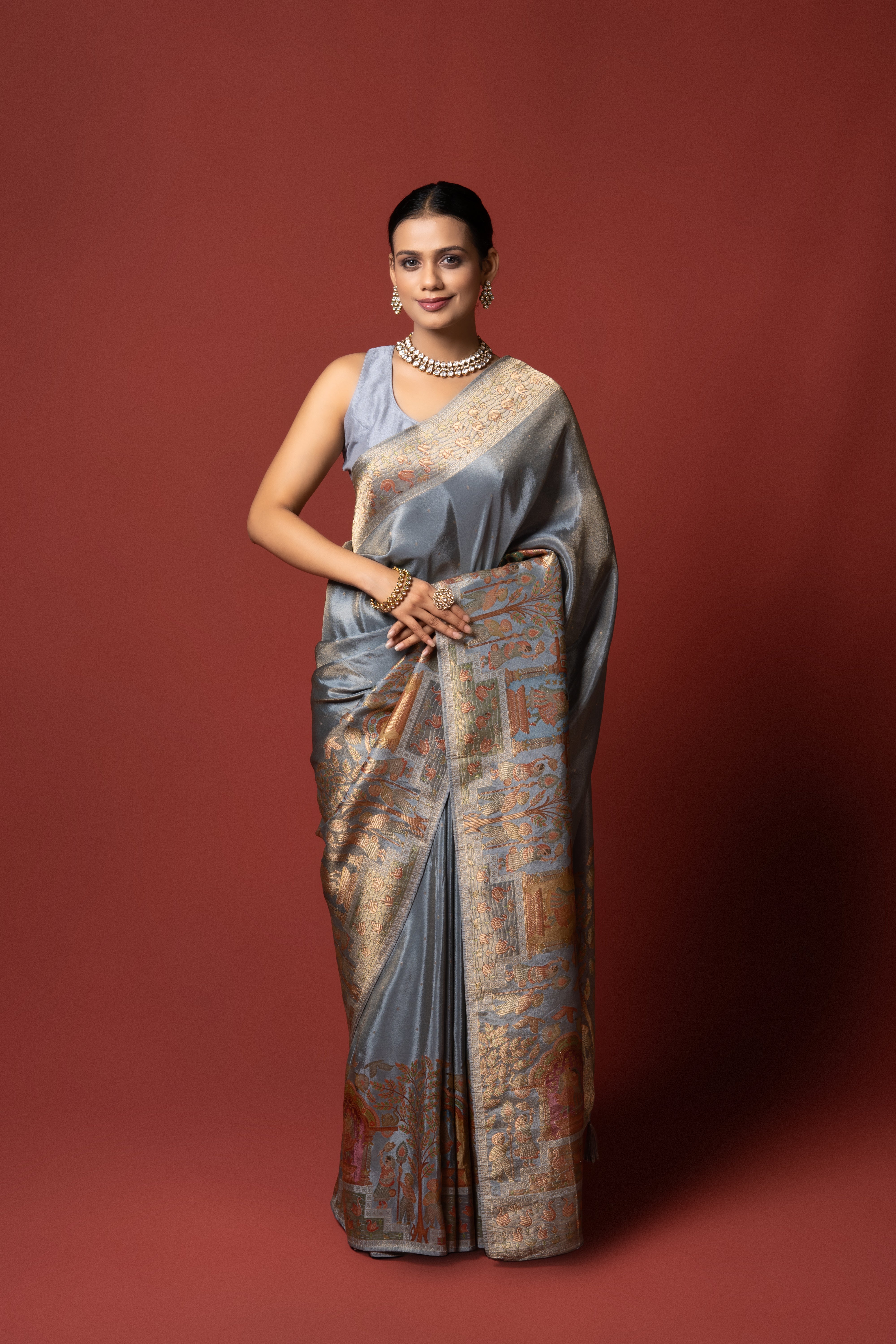 Grey Tussar Silk Saree