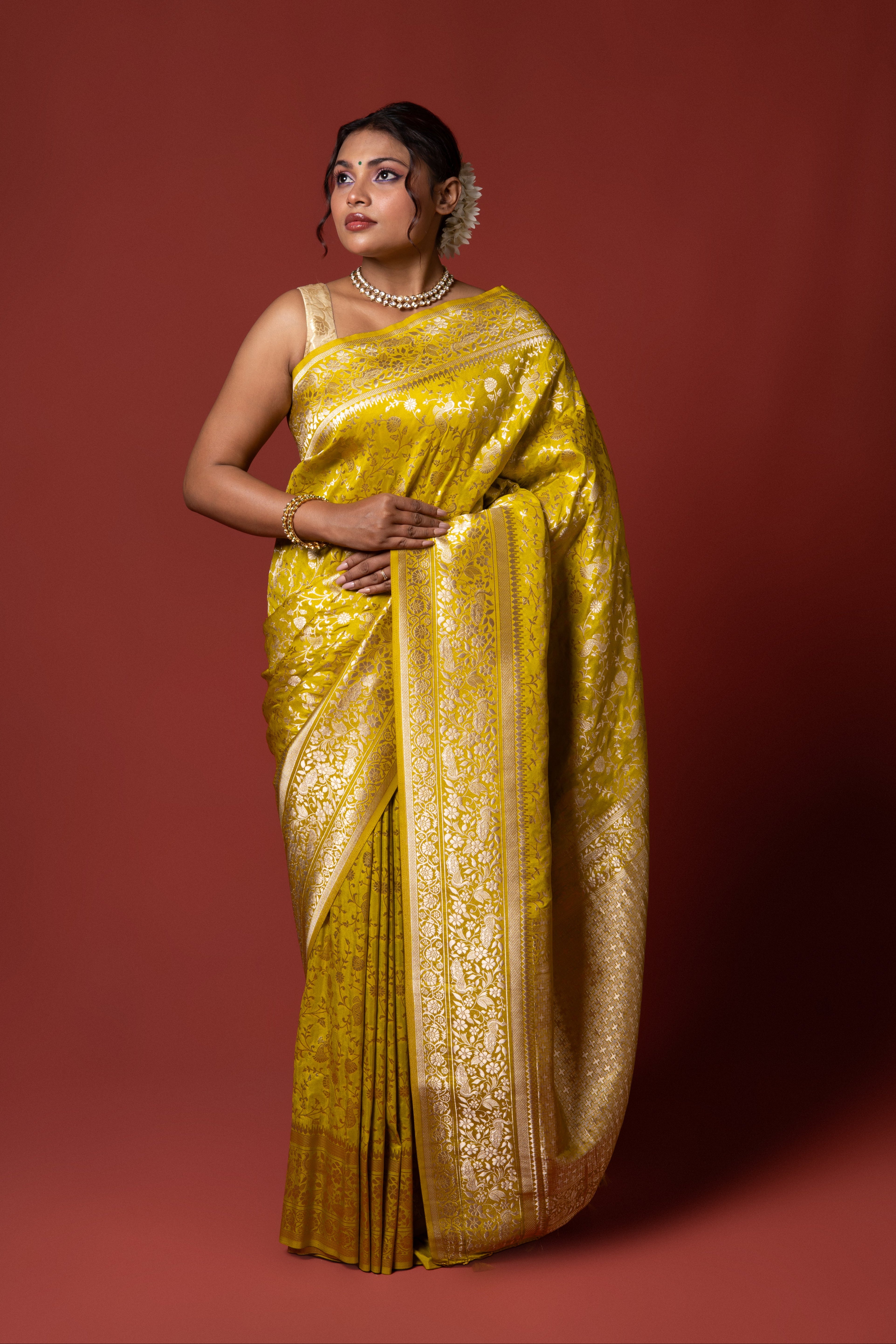 Lemon Yellow Katan Silk Banarasi Saree