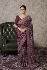 Wine Georgette Pashmina Saree