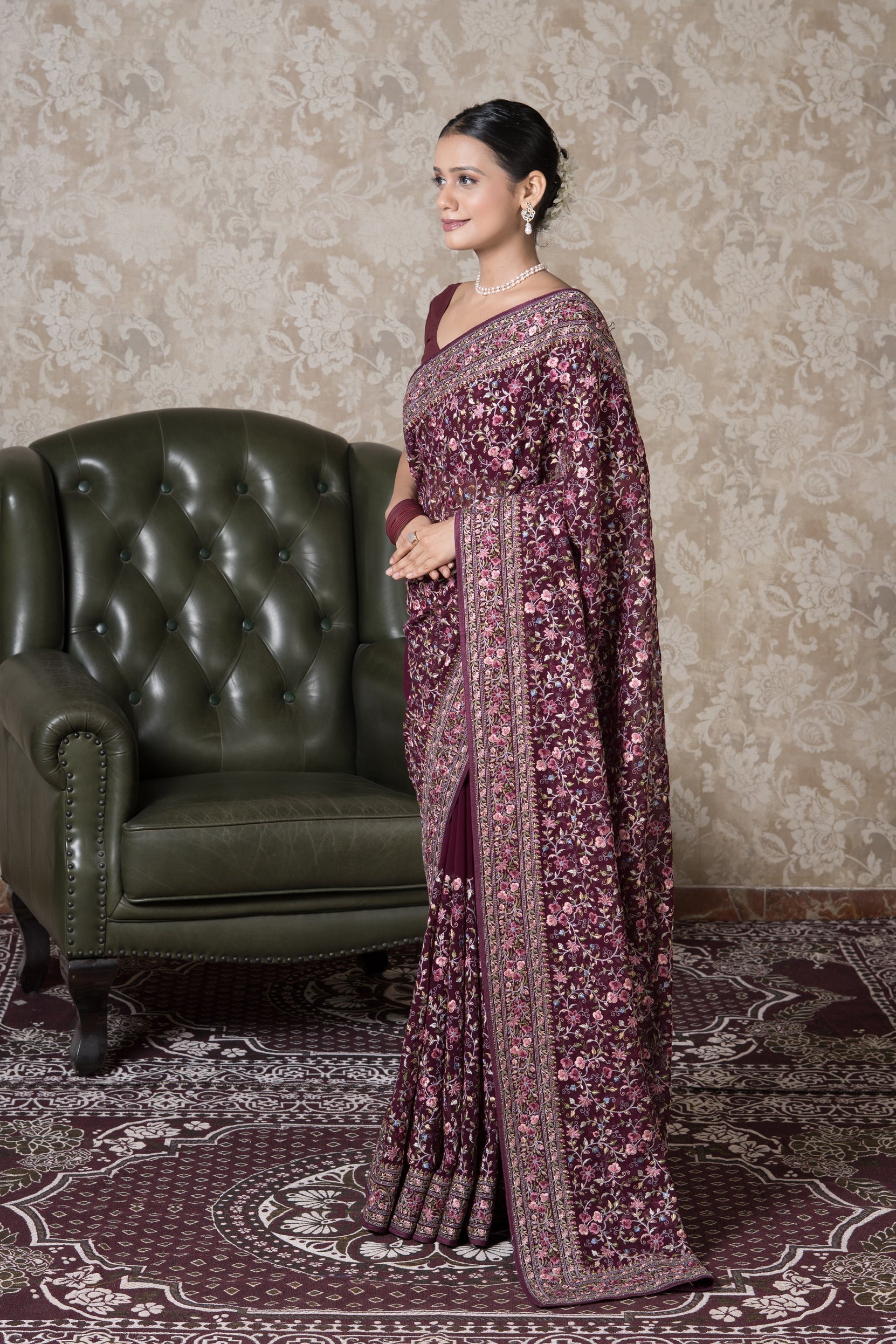 Wine Georgette Pashmina Saree