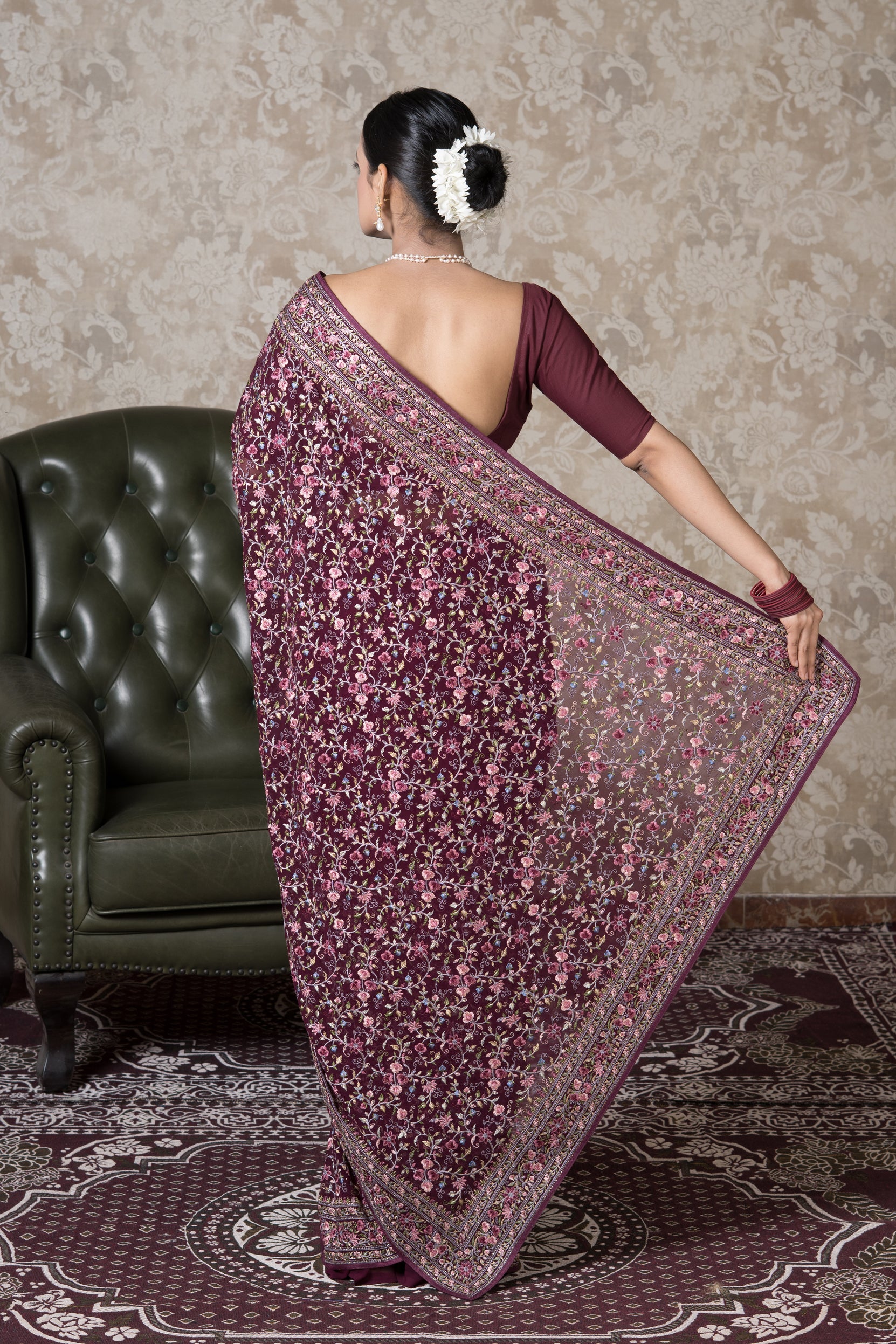 Wine Georgette Pashmina Saree
