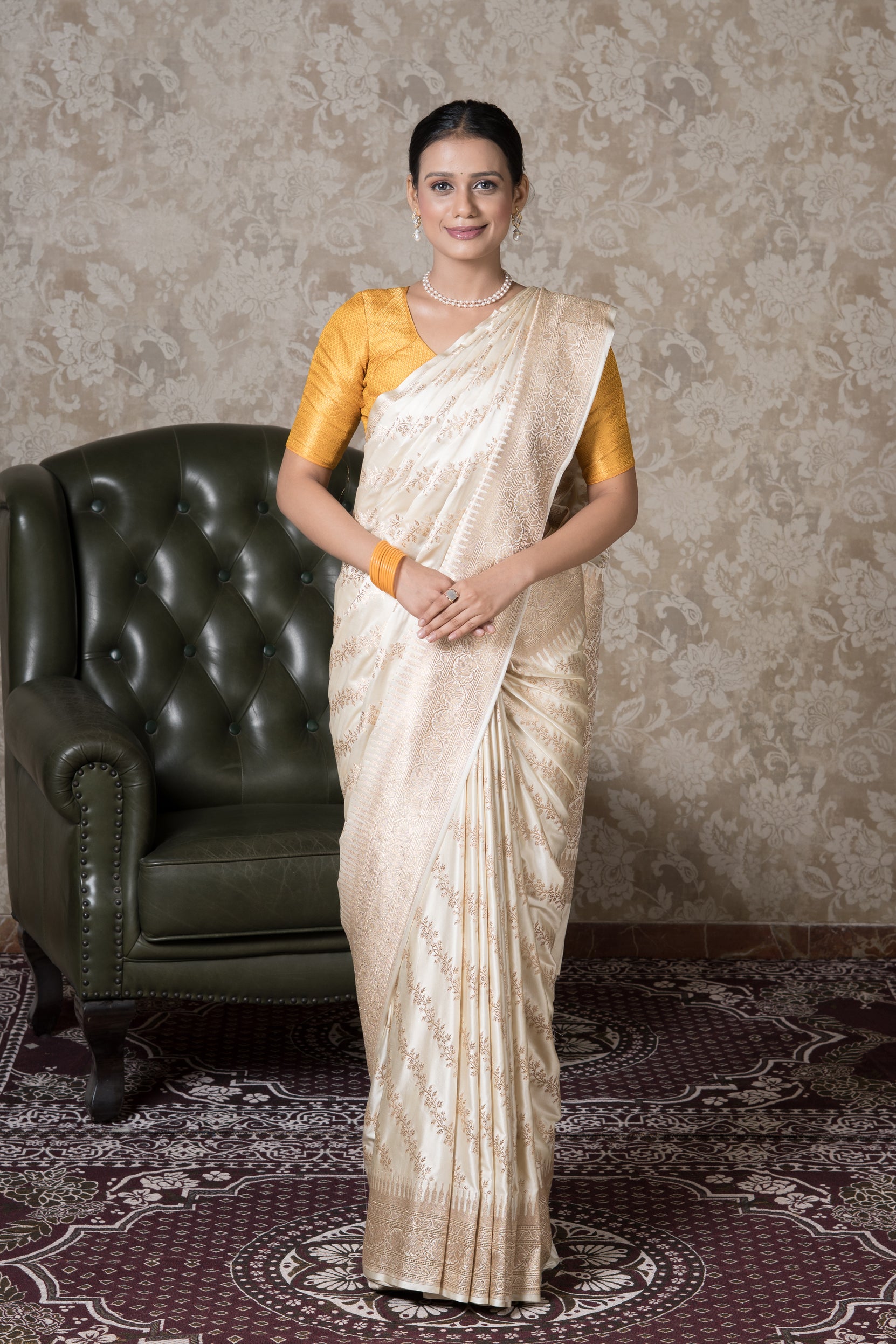 Pearl White Katan Silk Banarasi Saree