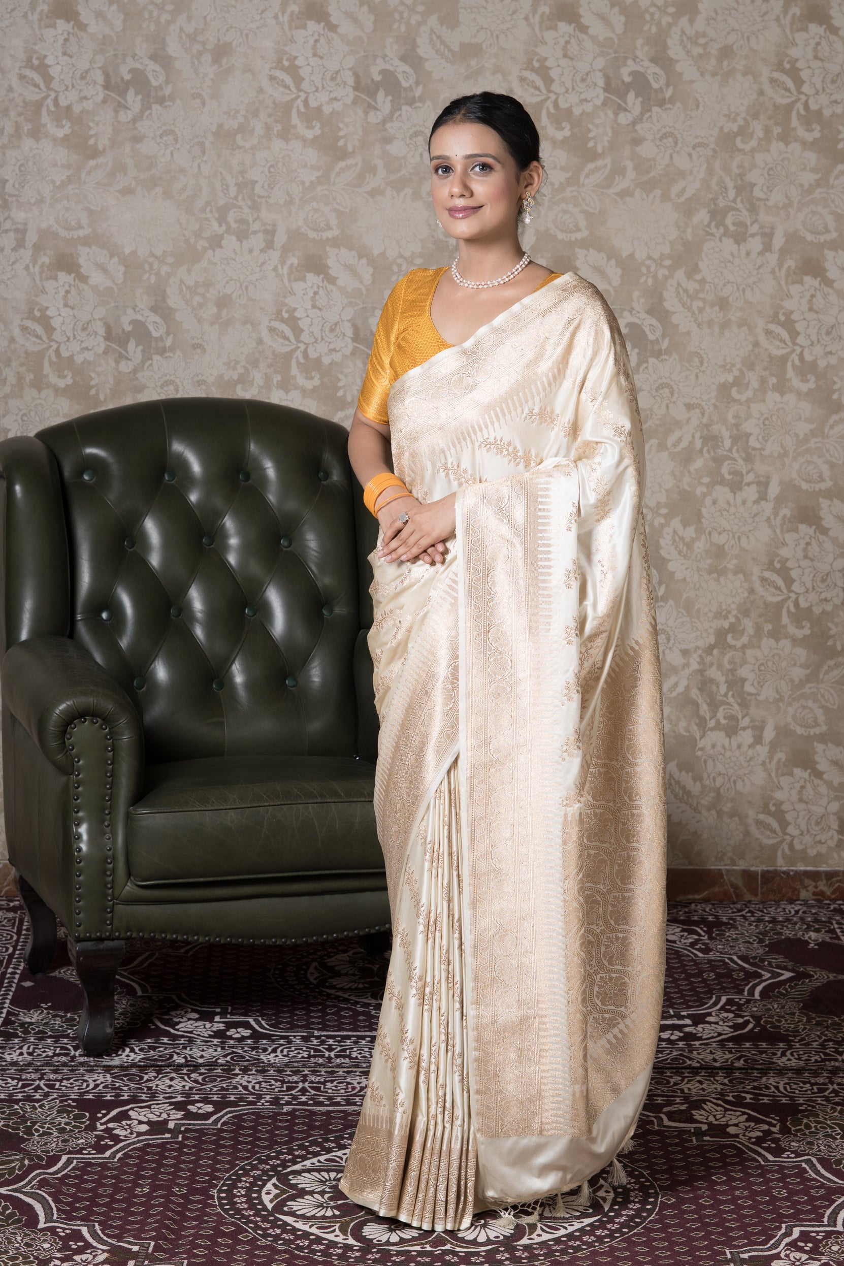 Pearl White Katan Silk Banarasi Saree