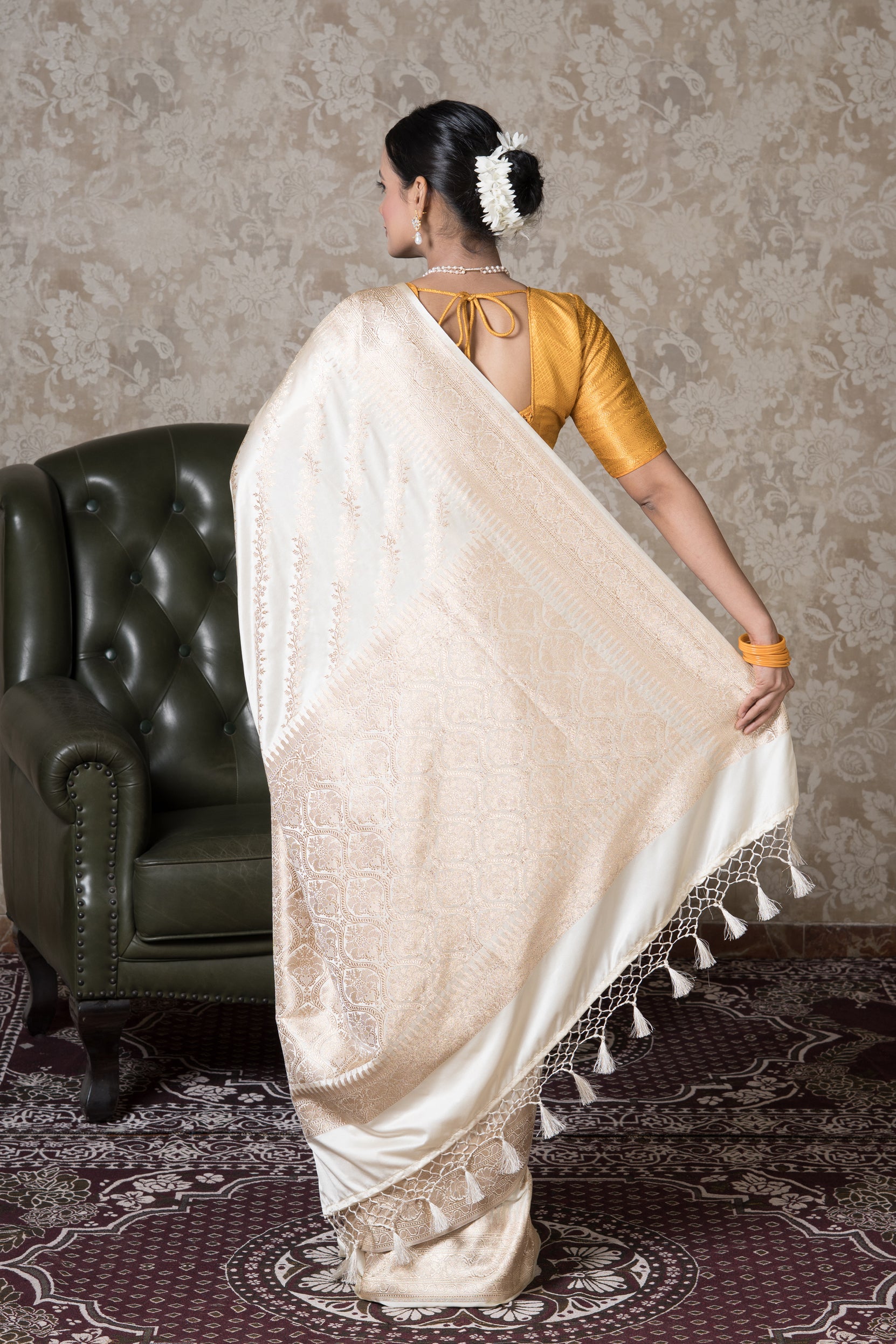 Pearl White Katan Silk Banarasi Saree