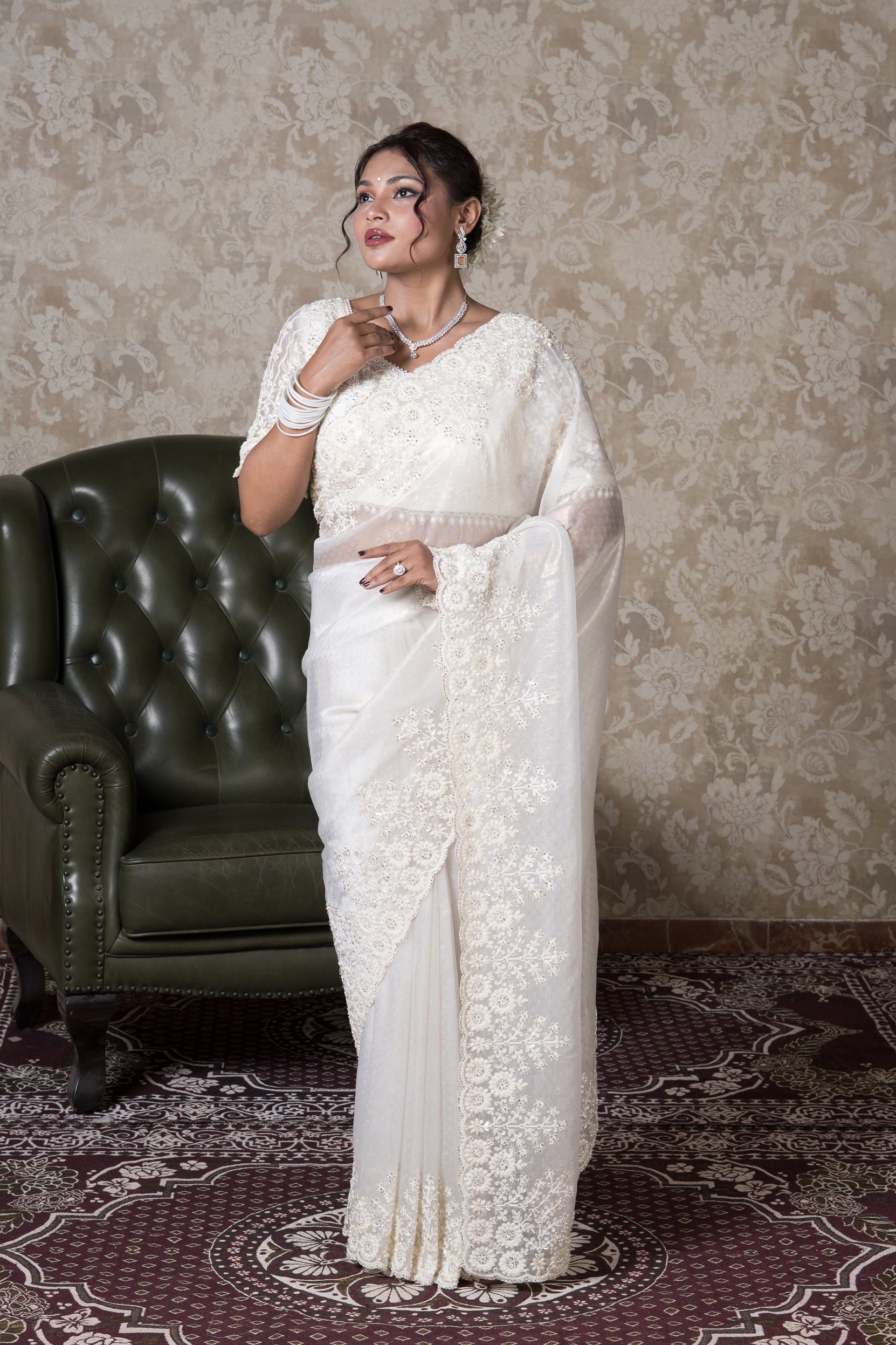 Cream Organza Saree With Stone Work