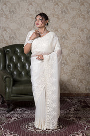 Cream Organza Saree With Stone Work