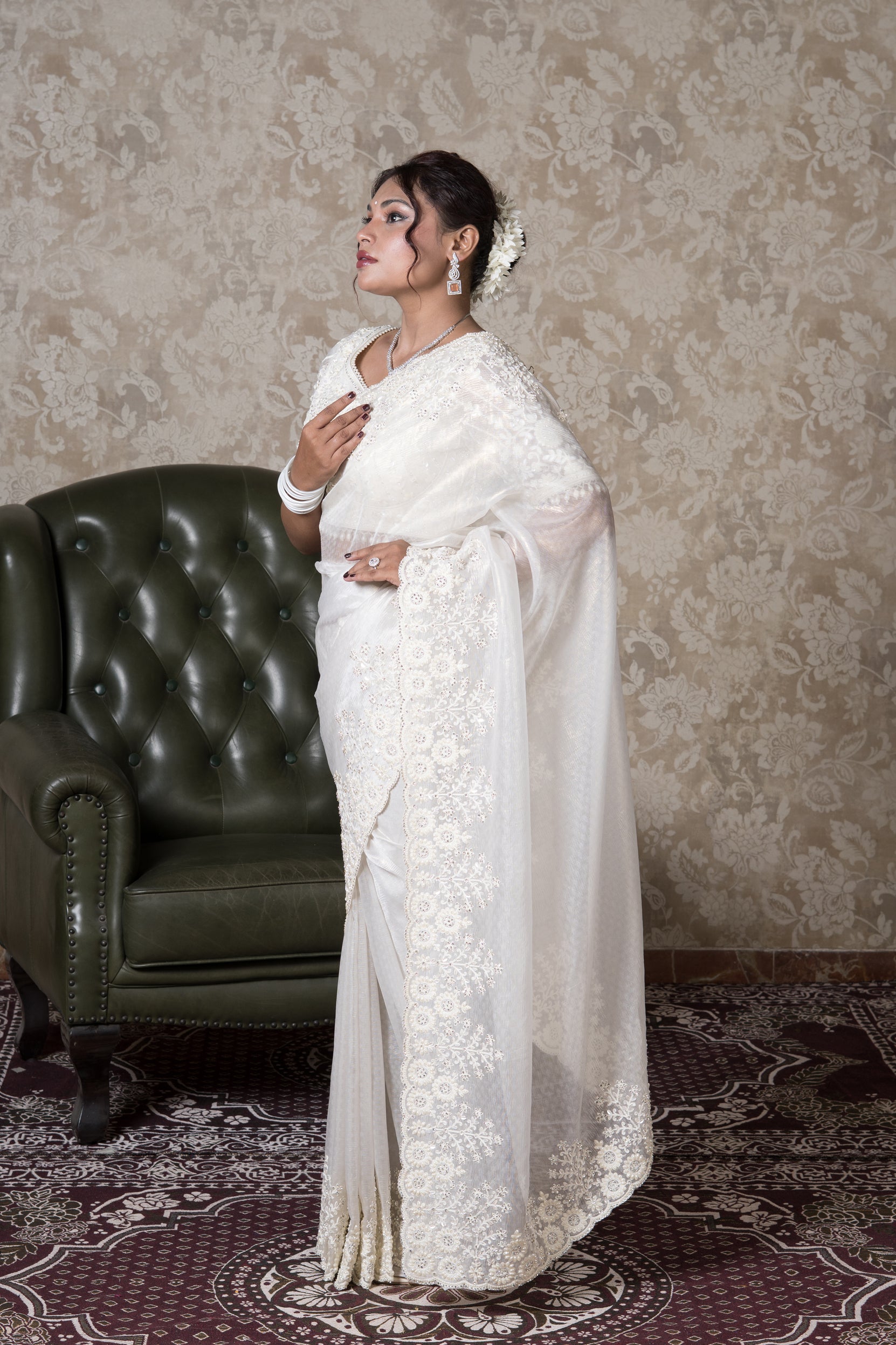 Cream Organza Saree With Stone Work