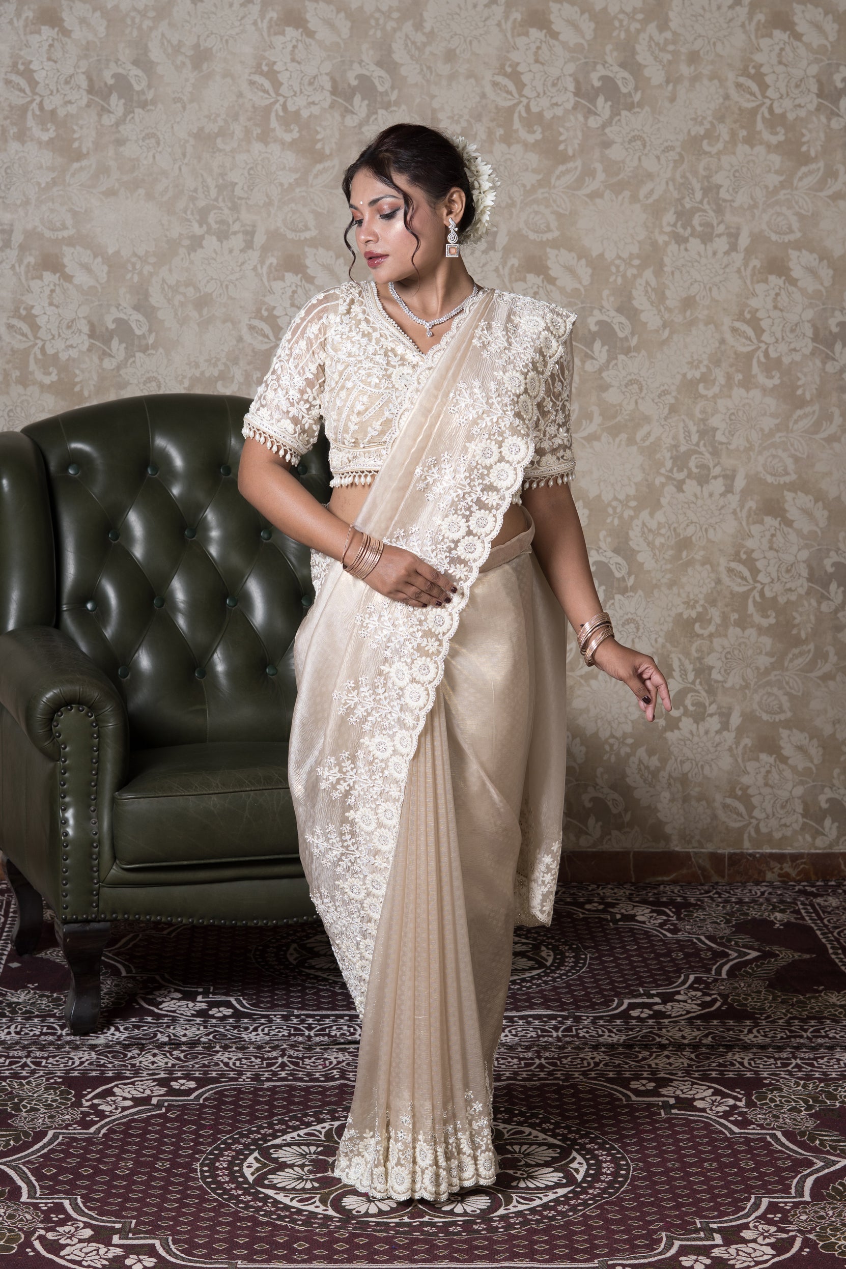 Beige Organza Saree With Stone Work