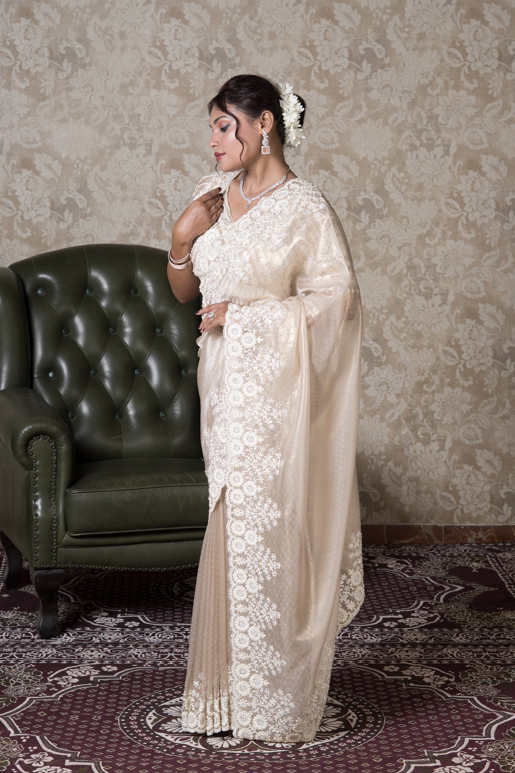 Beige Organza Saree With Stone Work
