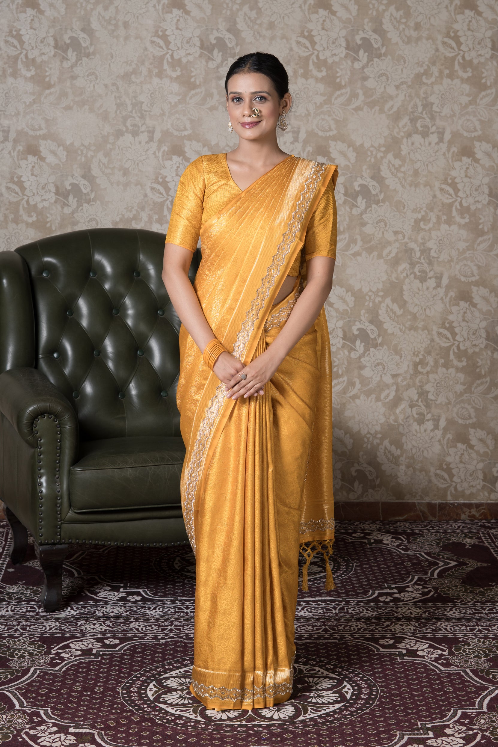 Yellow Katan Silk Banarasi Saree With Stonework