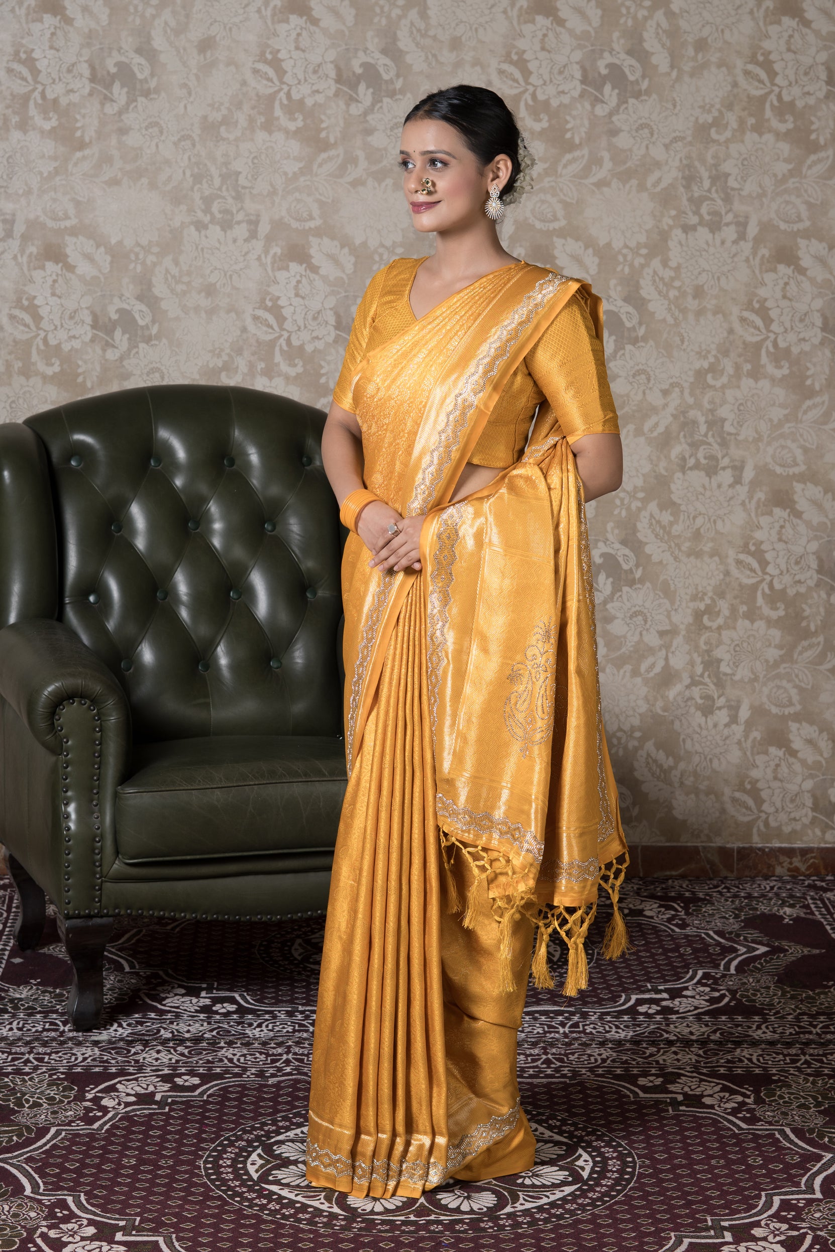 Yellow Katan Silk Banarasi Saree With Stonework