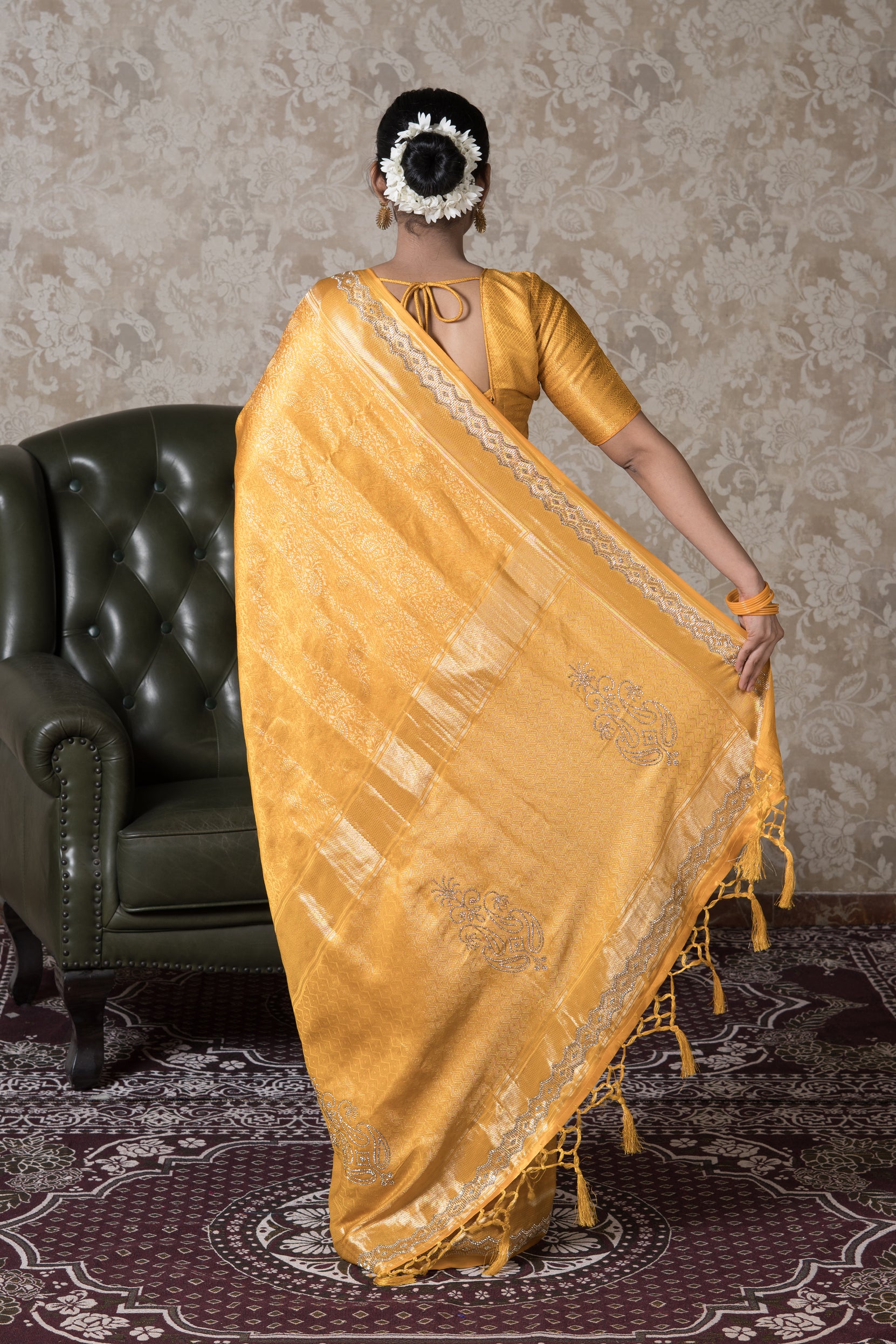 Yellow Katan Silk Banarasi Saree With Stonework