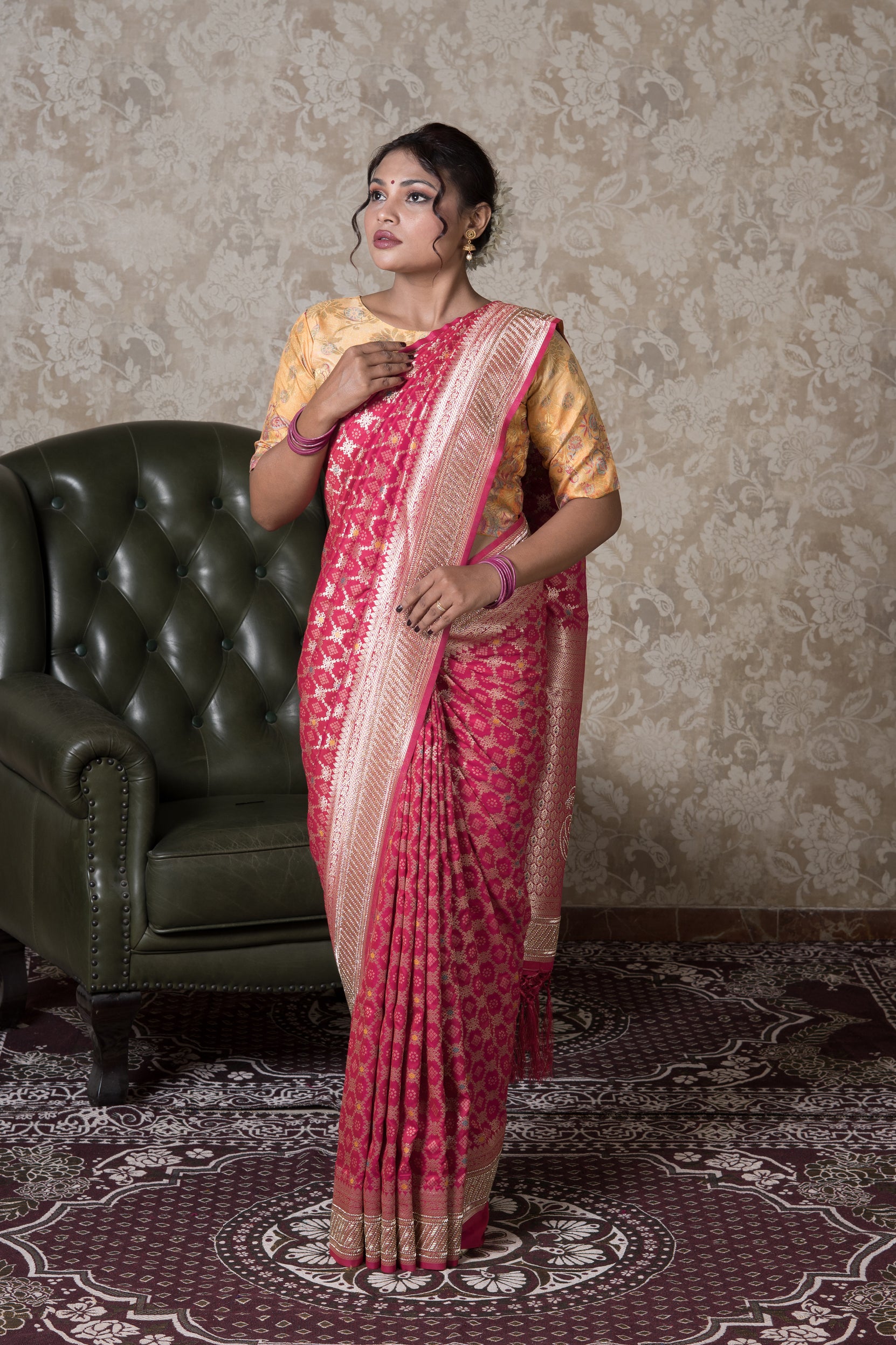 Rani Pink Katan Silk Banarasi Saree With Stonework