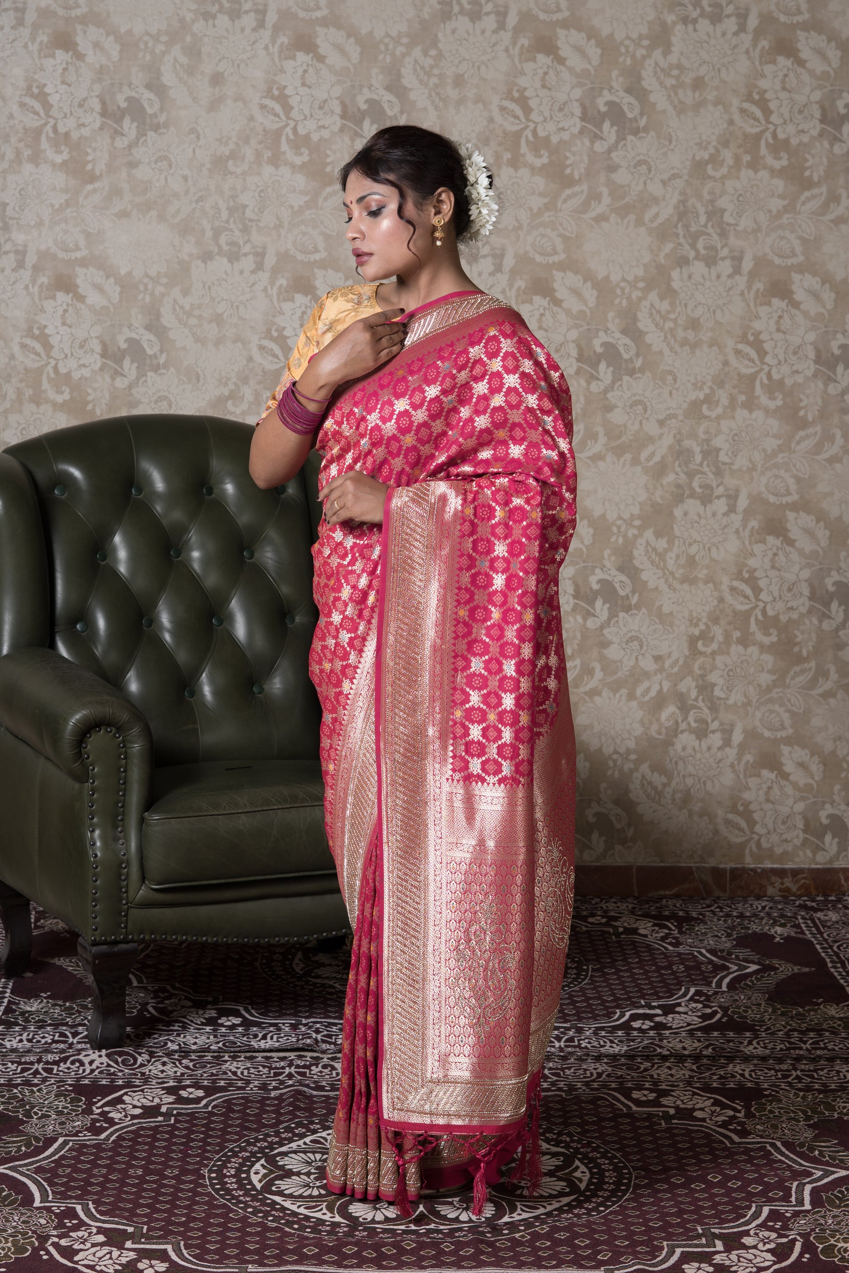 Rani Pink Katan Silk Banarasi Saree With Stonework