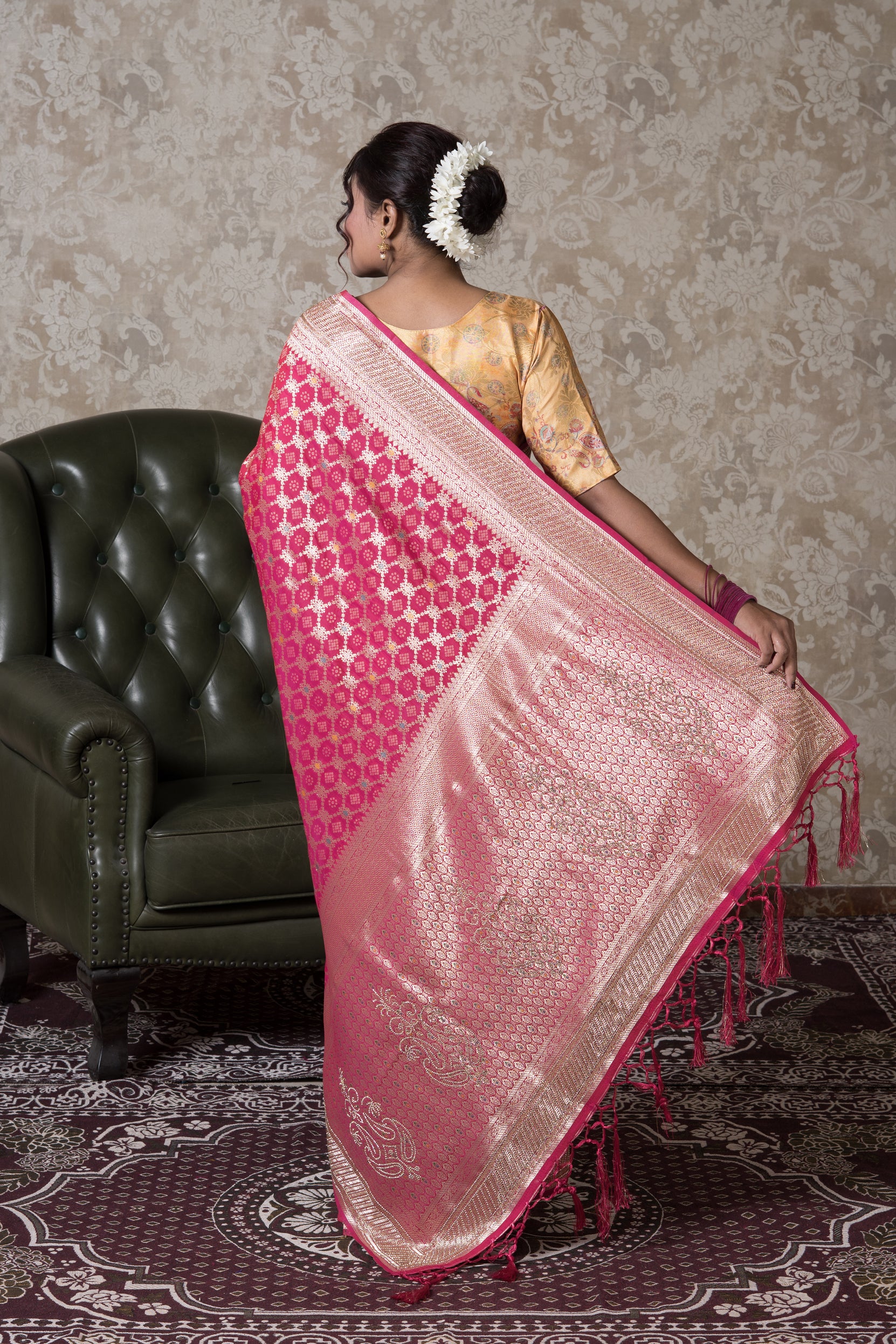 Rani Pink Katan Silk Banarasi Saree With Stonework