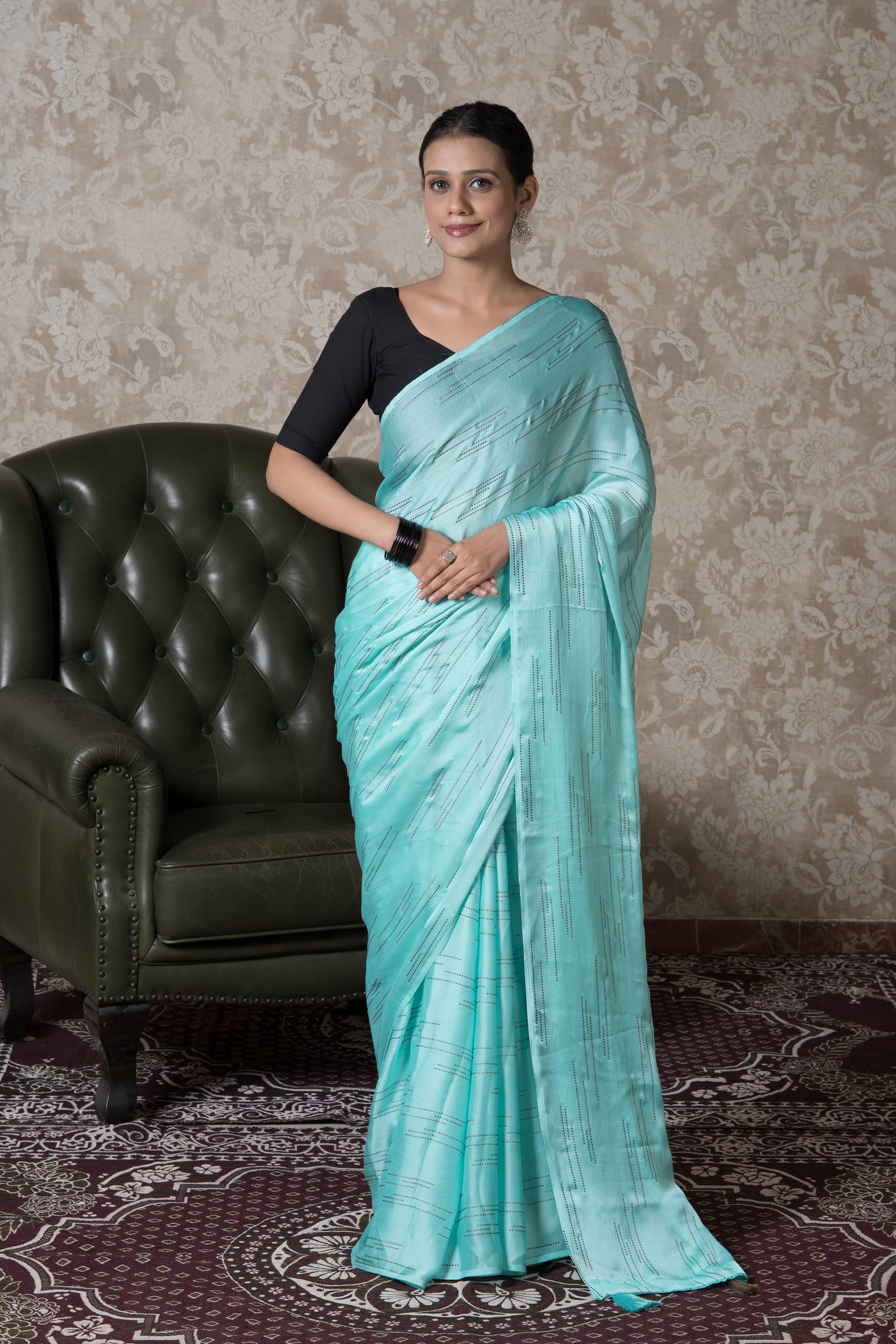Sea Green Chiffon Saree with Sparkle Work