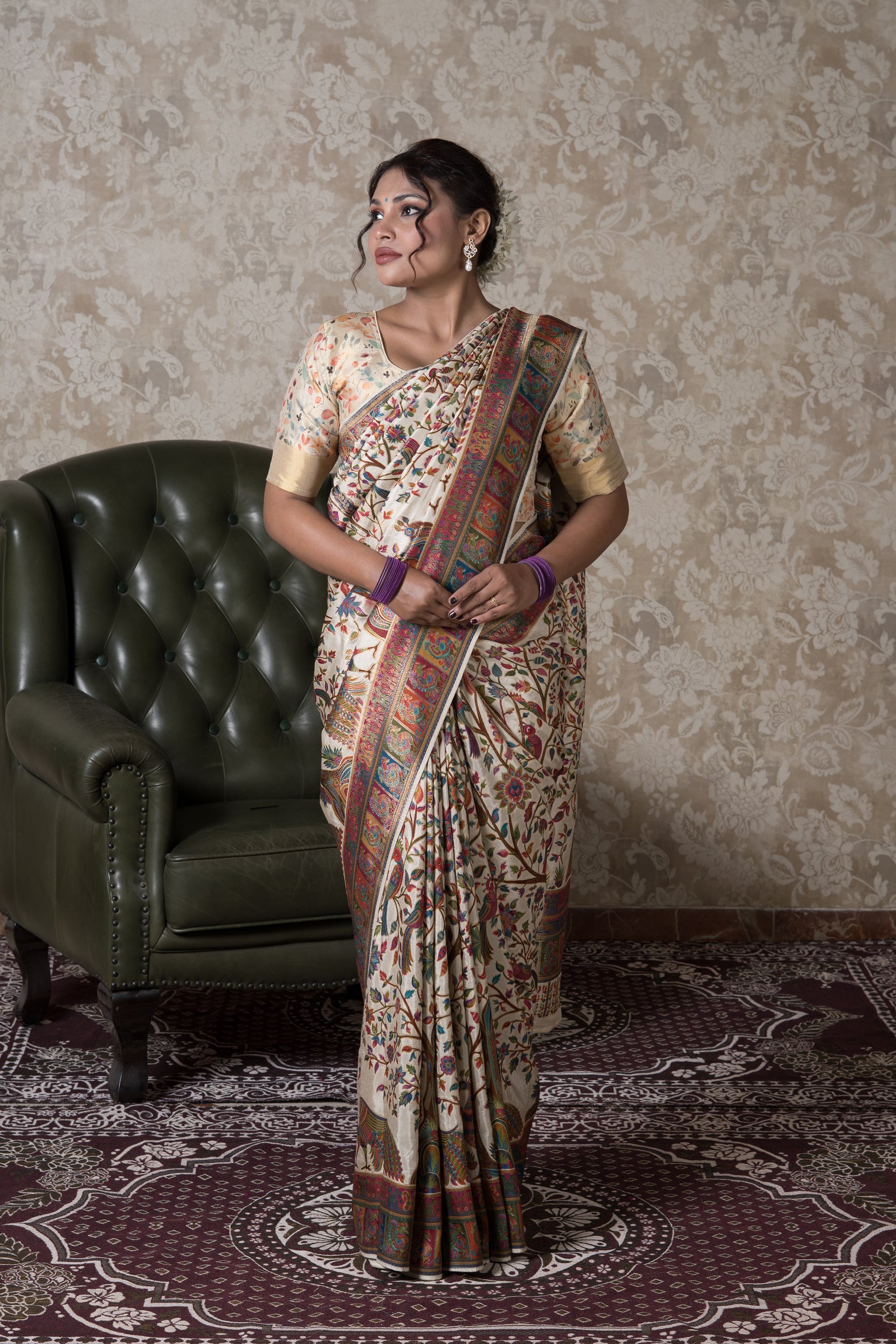 Cream Dola Silk Pashmina Saree