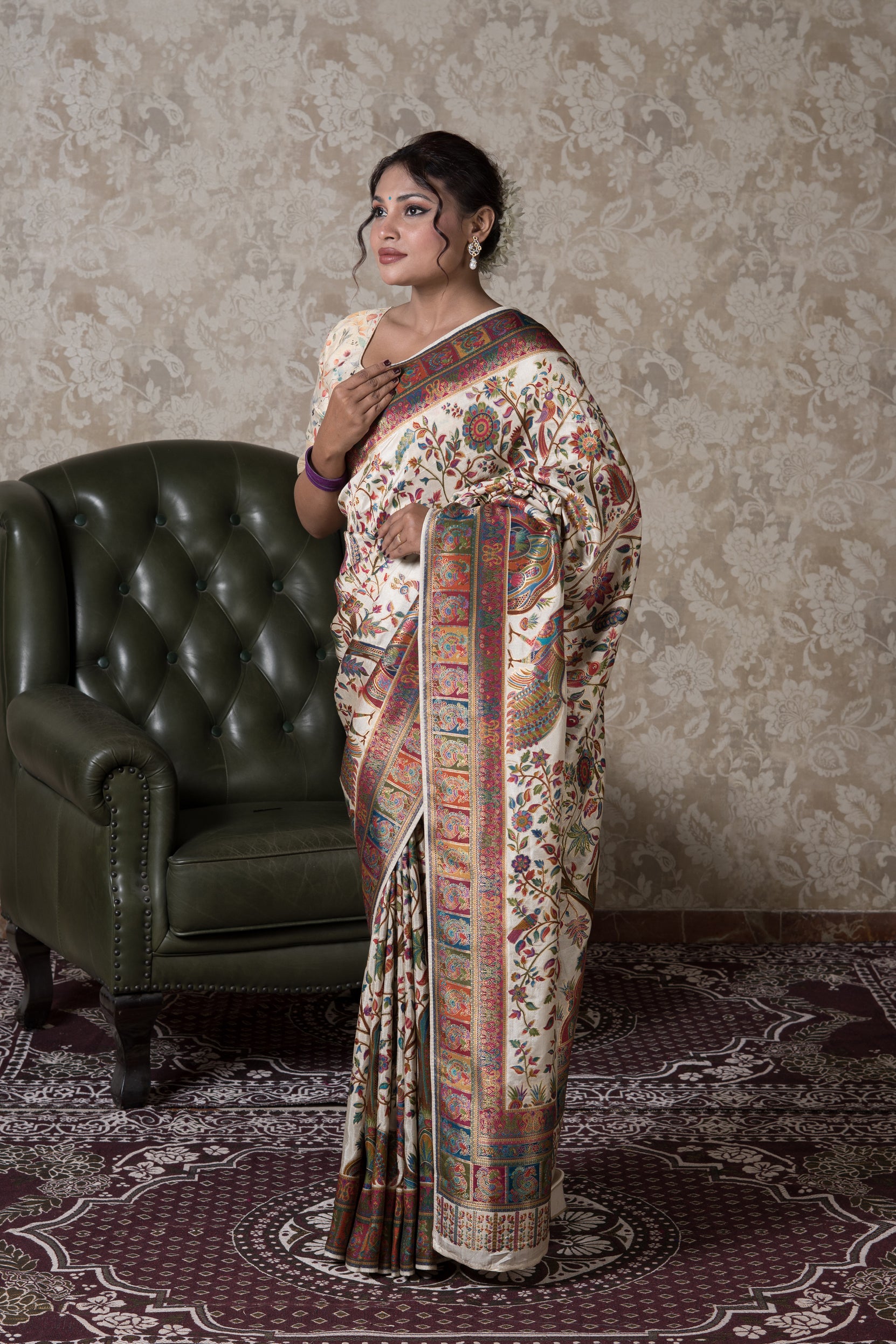 Cream Dola Silk Pashmina Saree