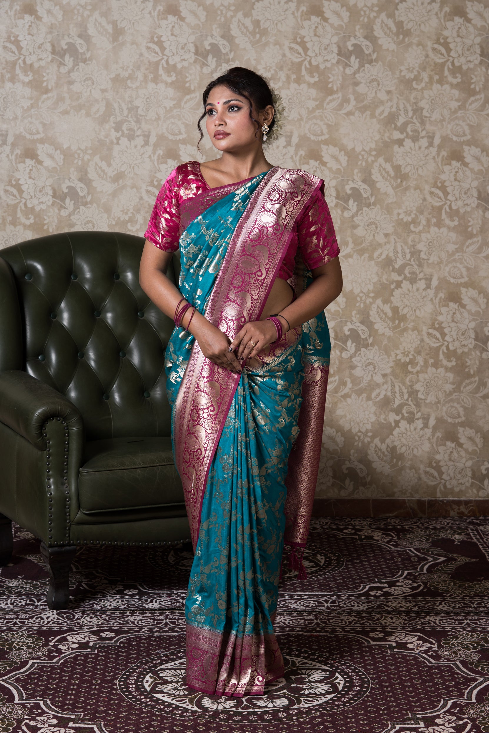Rama Green Georgette Banarasi Saree with Swarovski Work