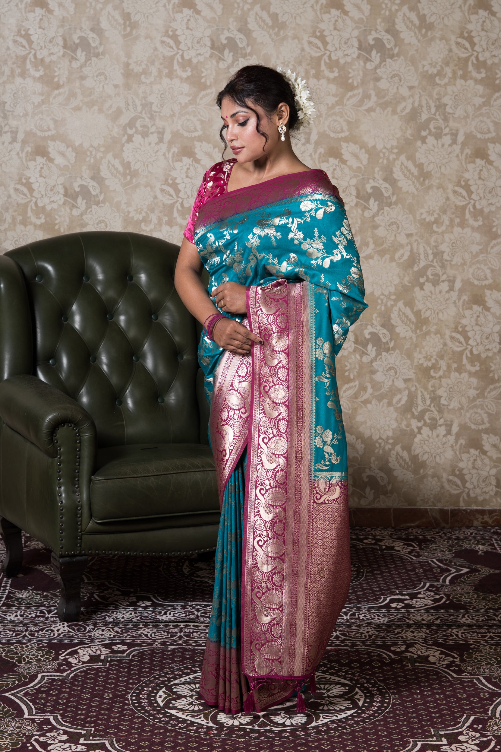 Rama Green Georgette Banarasi Saree with Swarovski Work