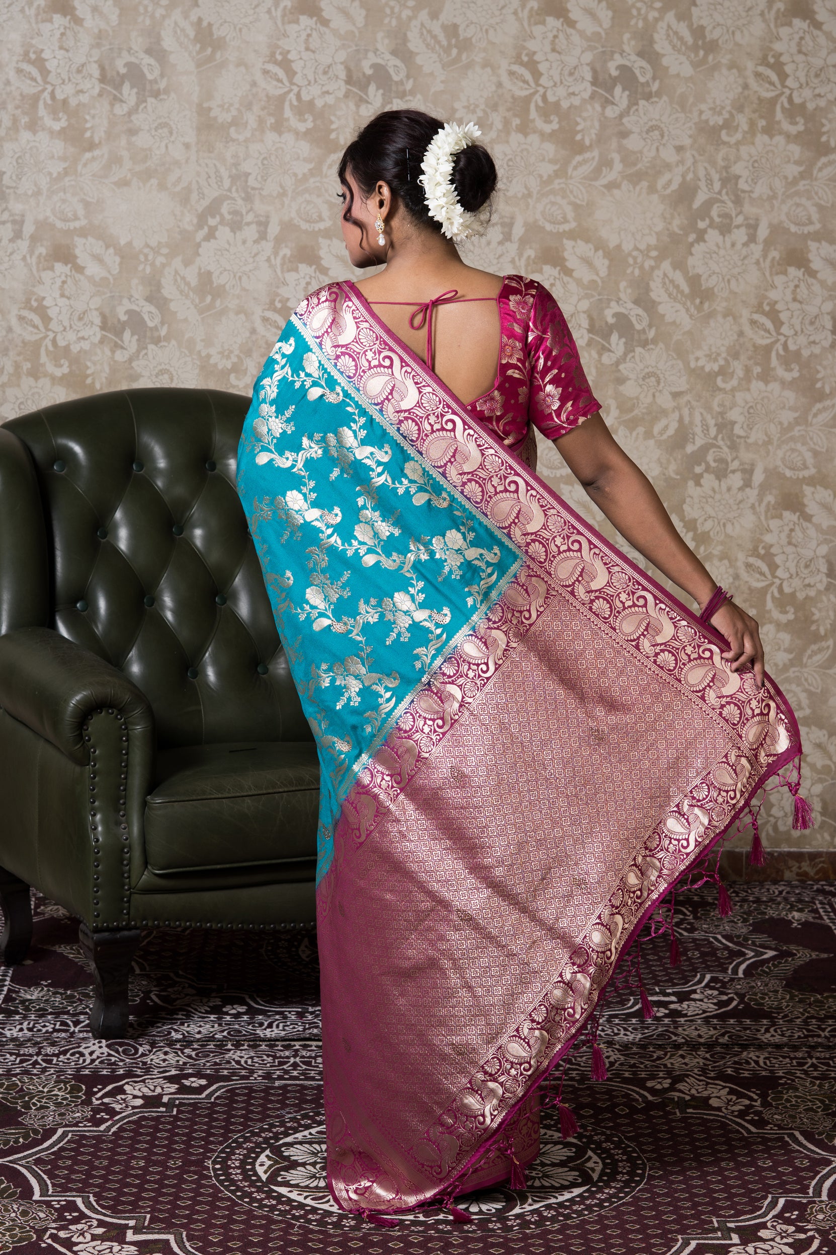 Rama Green Georgette Banarasi Saree with Swarovski Work