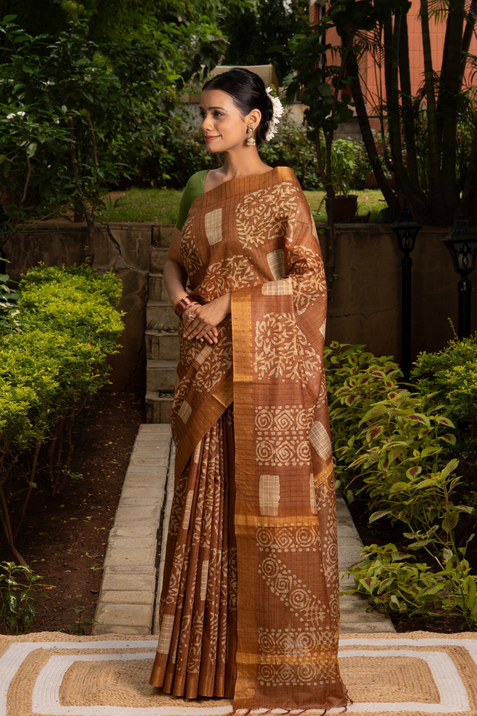 Brown Tussar Silk Saree with Batik Print