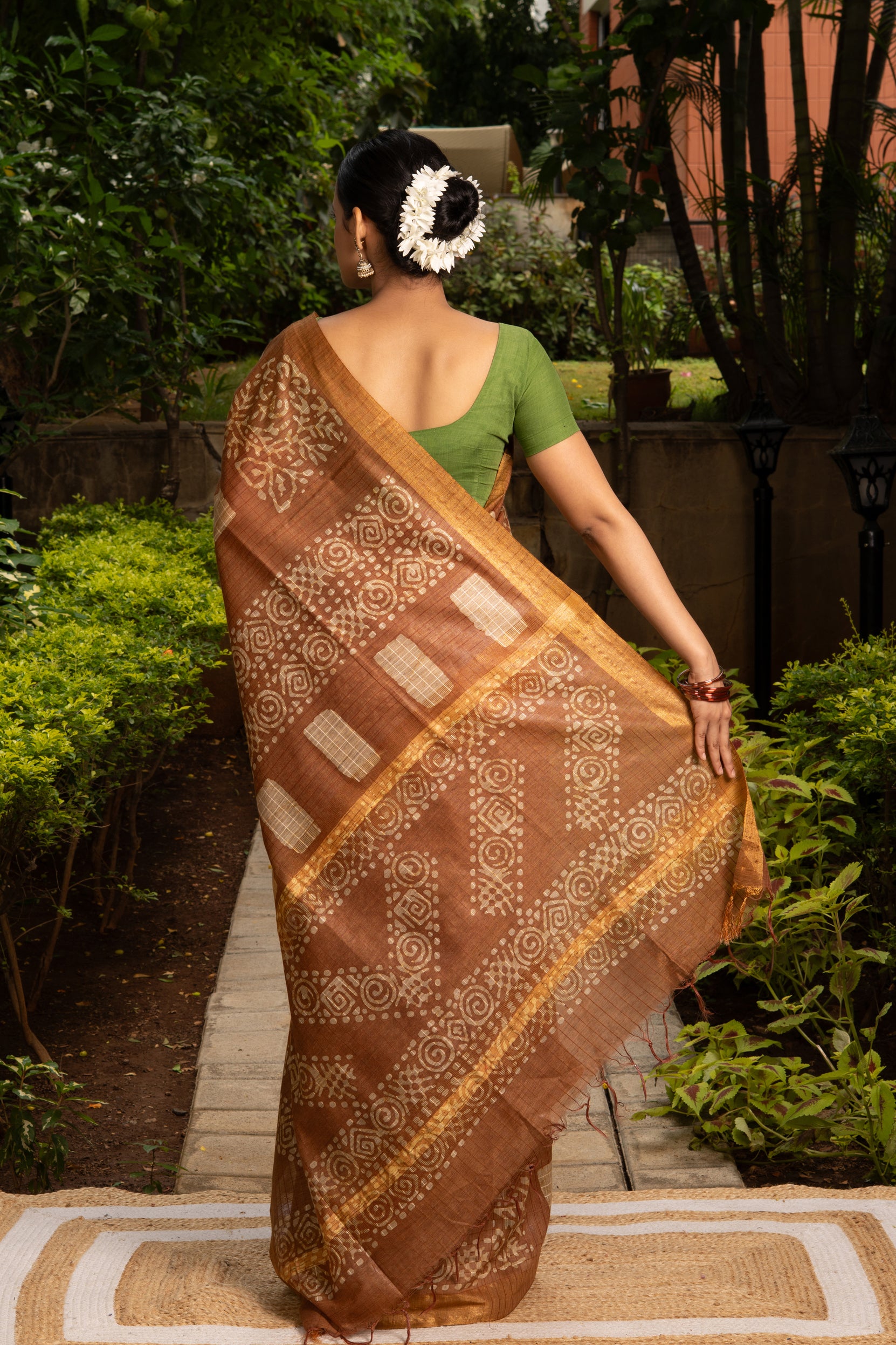 Brown Tussar Silk Saree with Batik Print