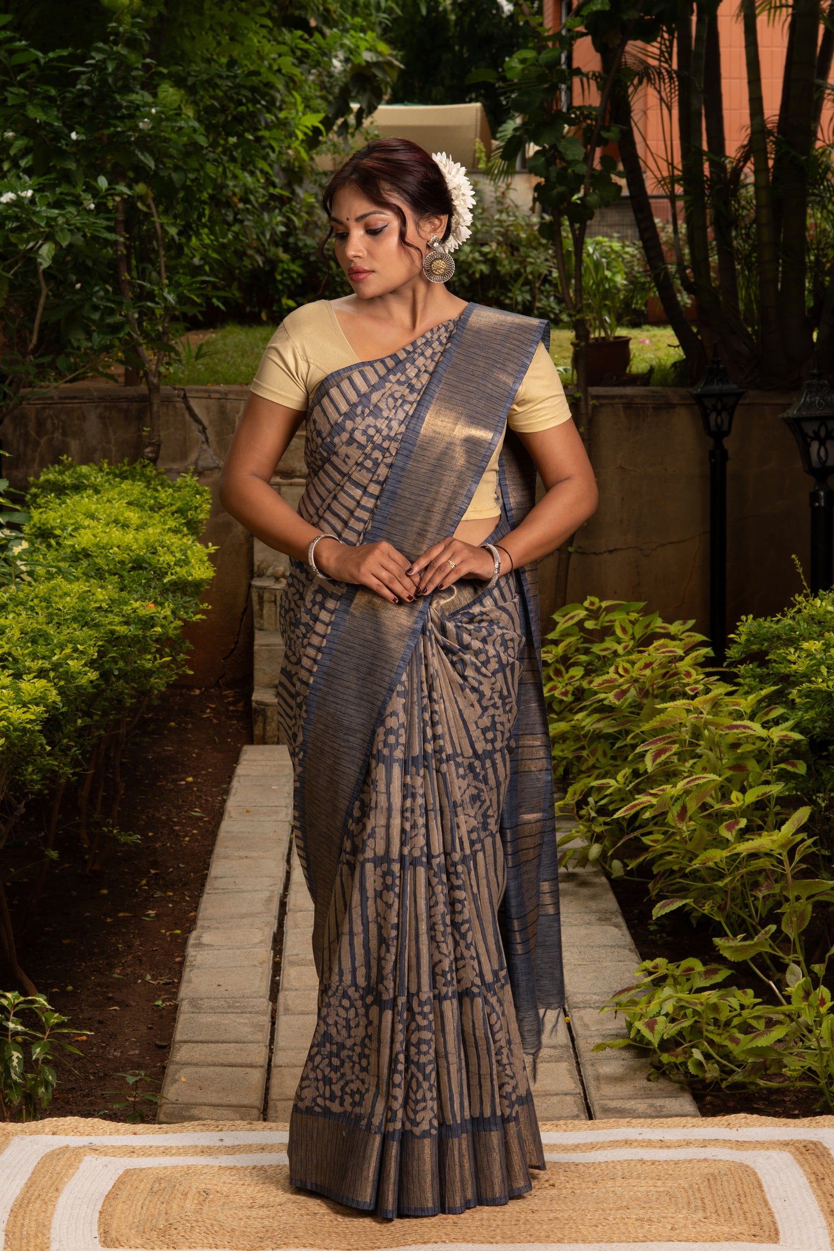 Greyish-Blue Tussar Silk Saree With Batik Print