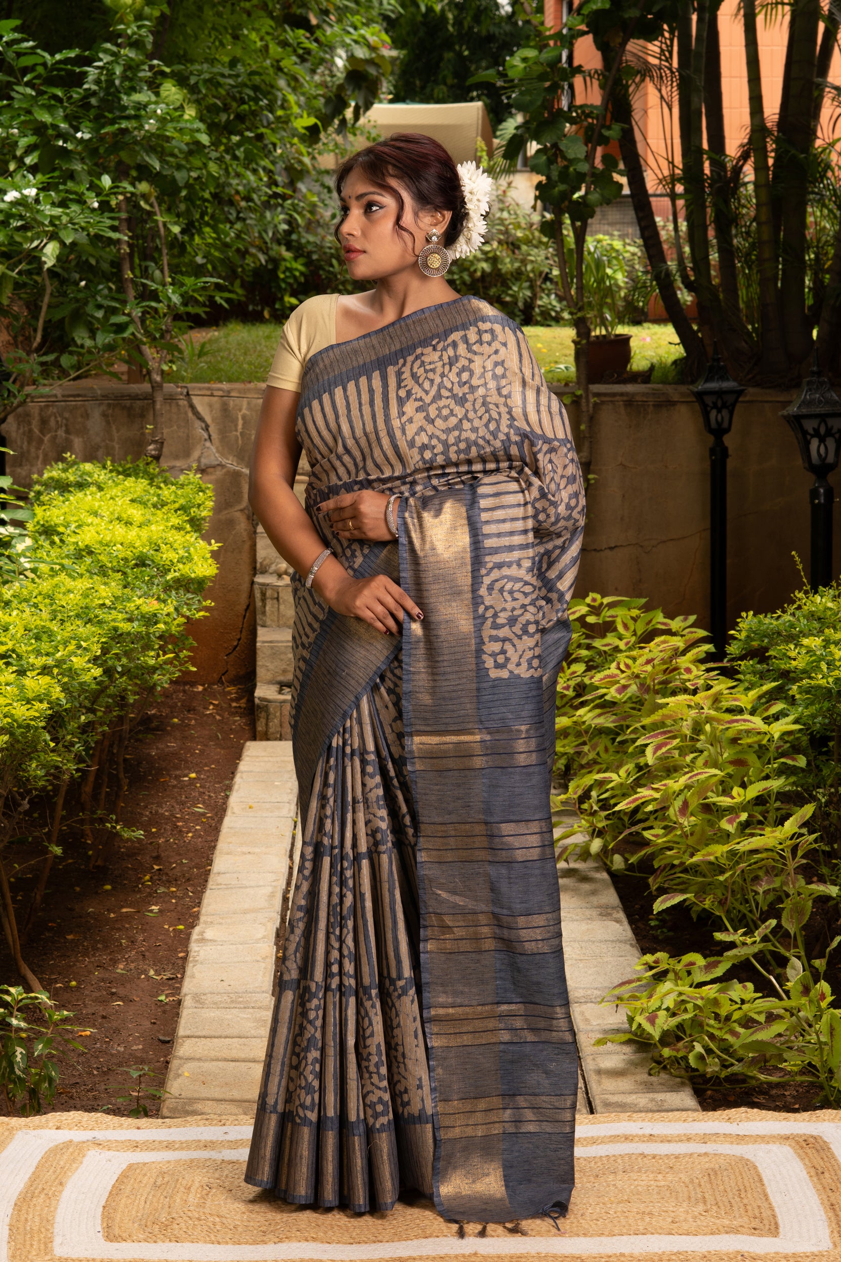 Greyish-Blue Tussar Silk Saree With Batik Print