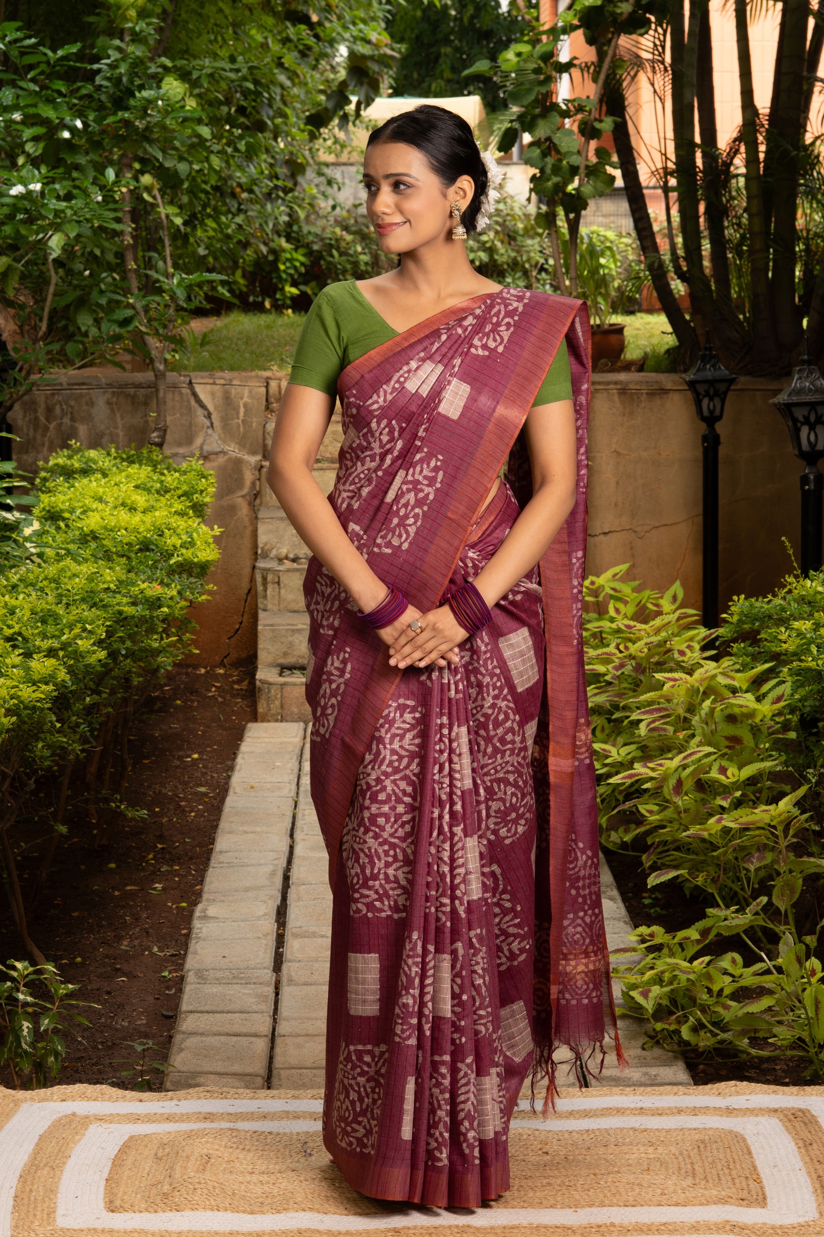 Pink Tussar Silk Saree with Batik Print