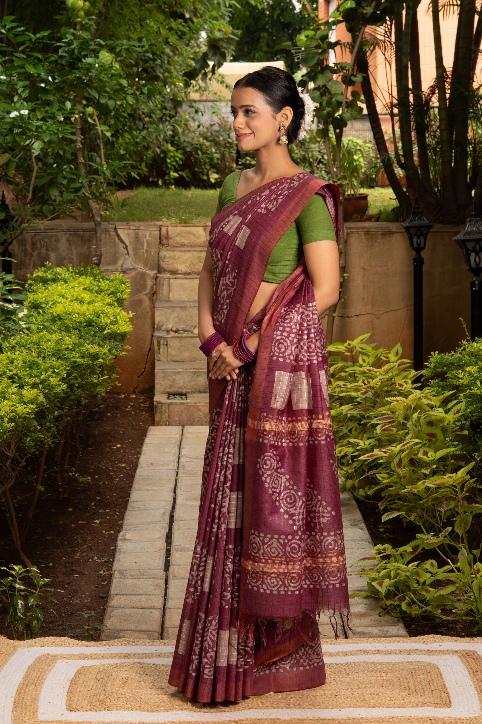 Pink Tussar Silk Saree with Batik Print