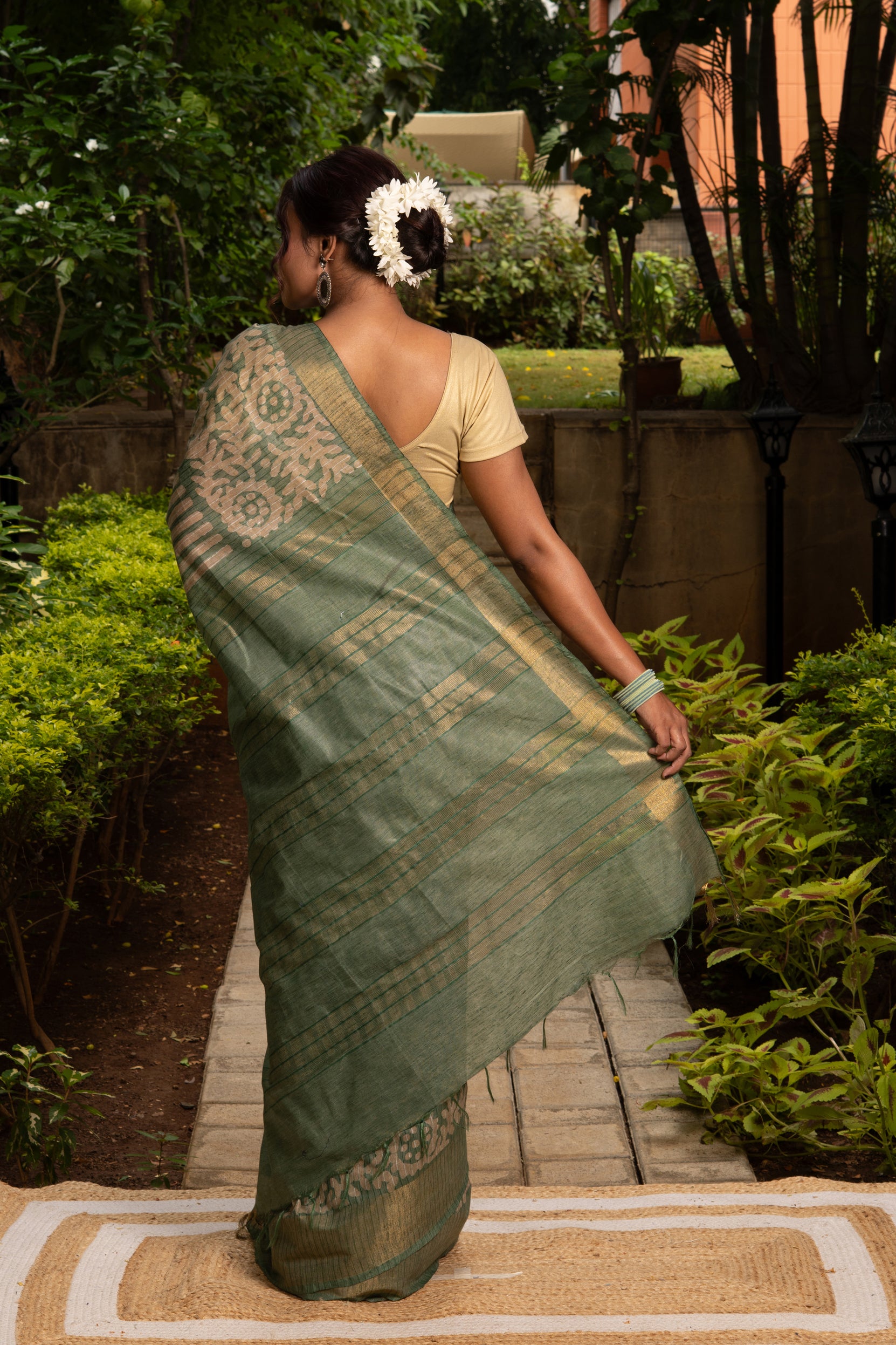 Green Tussar Silk Saree With Batik Print