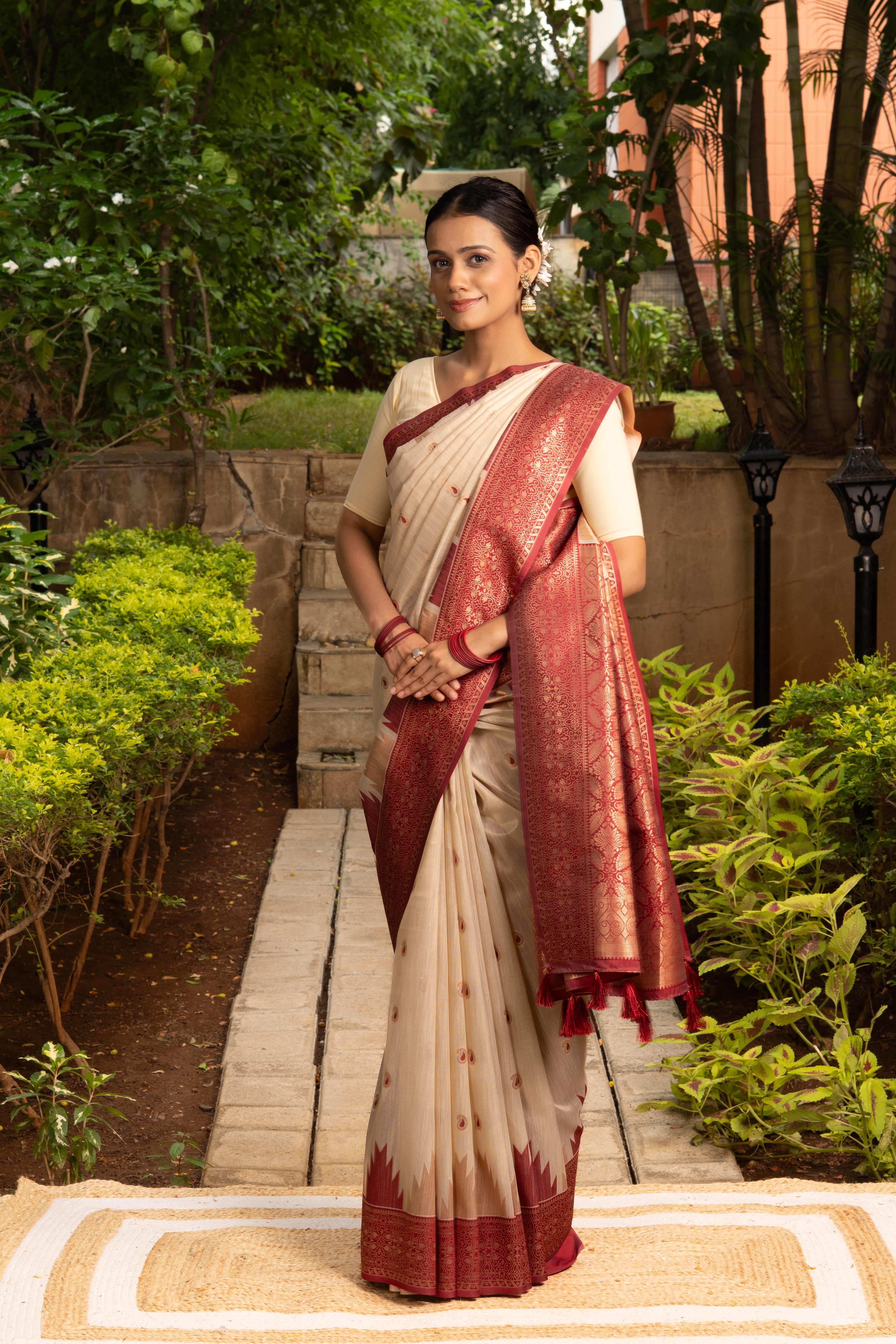 Cream Tussar Silk Saree