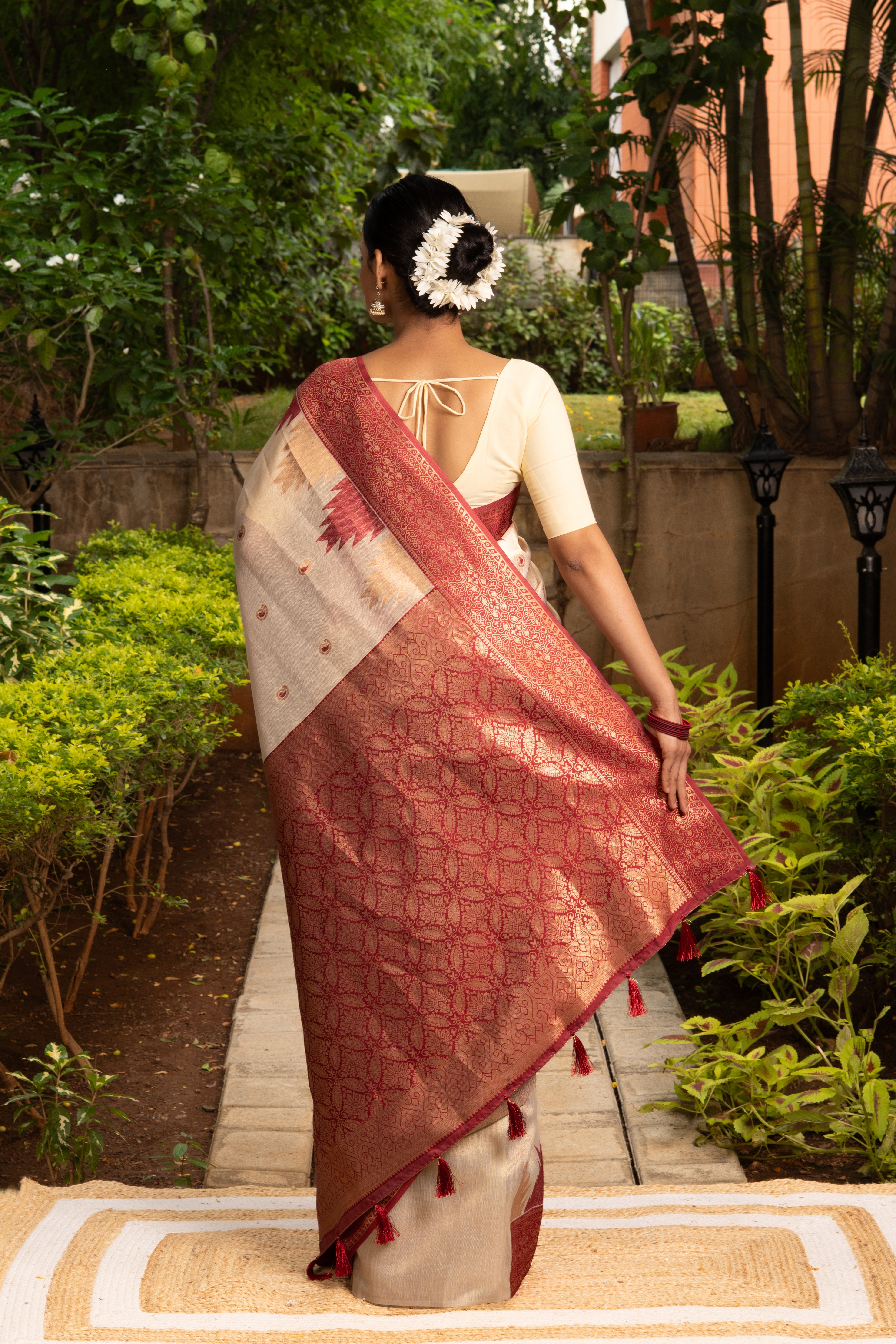 Cream Tussar Silk Saree