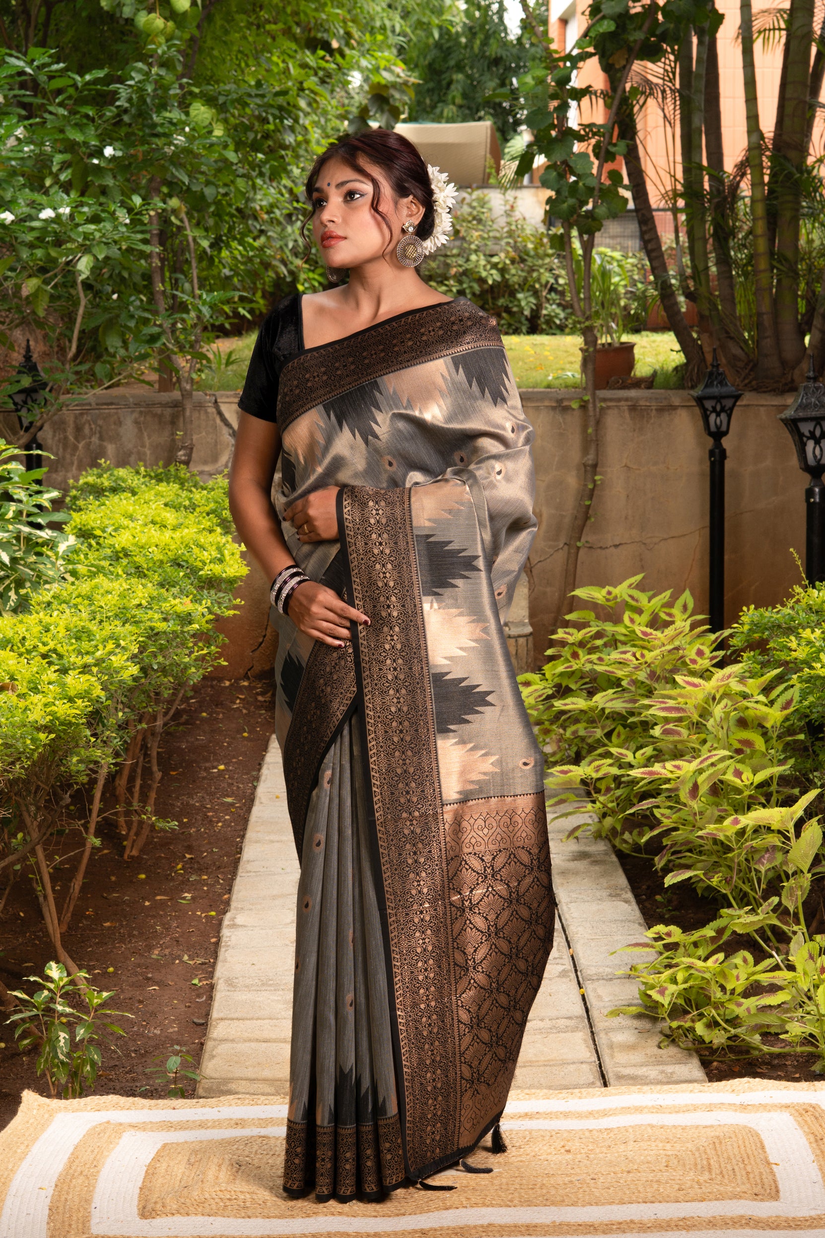 Steel Grey Tissue Silk Saree