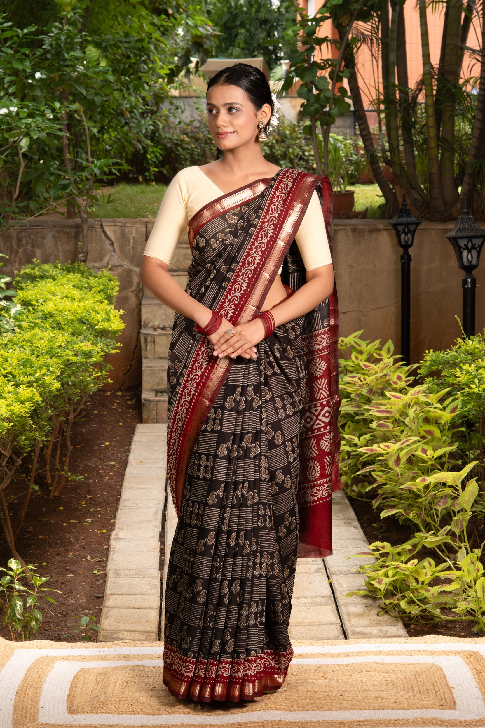 Brown Cotton Saree With Batik Print