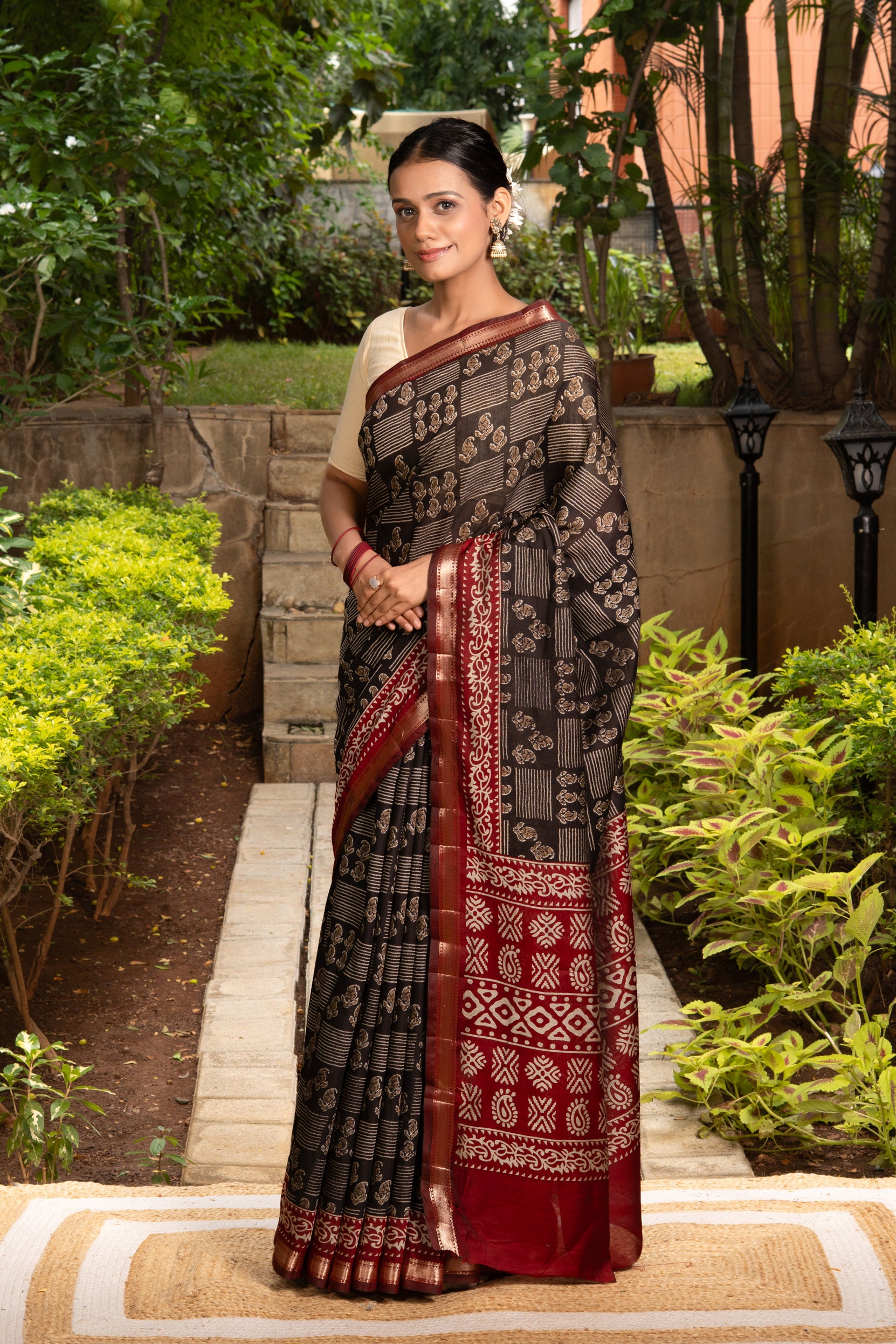 Brown Cotton Saree With Batik Print