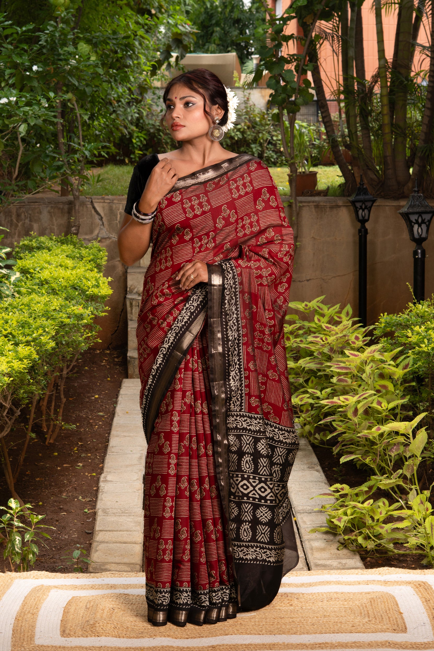 Red Cotton Saree With Batik Print
