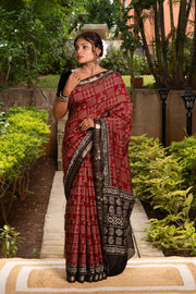 Red Cotton Saree With Batik Print